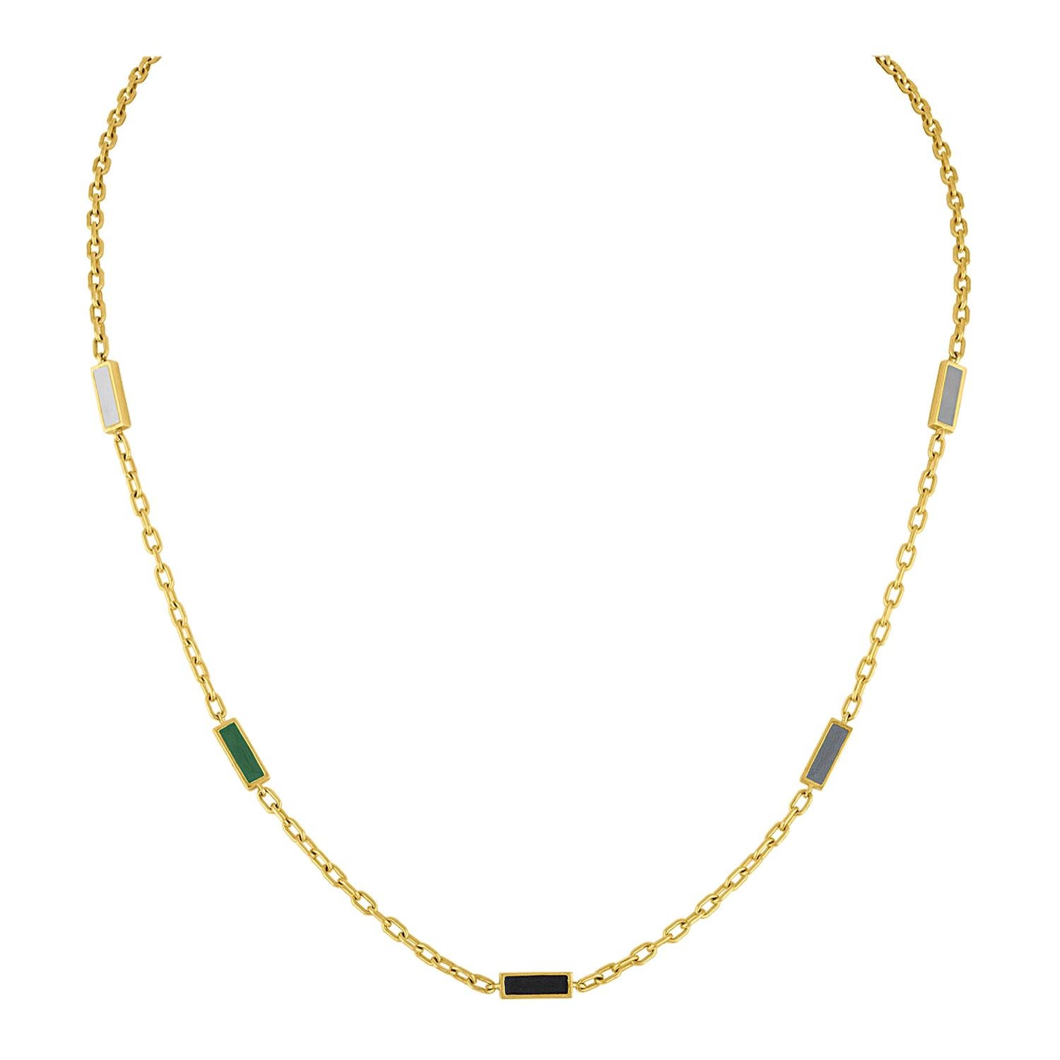 14 Karat Chain Necklace with Multi Colored Enamel Bar Stations For Sale