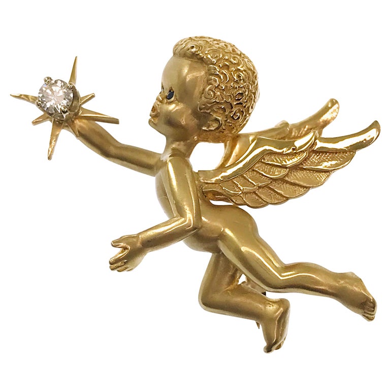 14 Karat Cherub/Angel Brooch Pin For Sale at 1stDibs