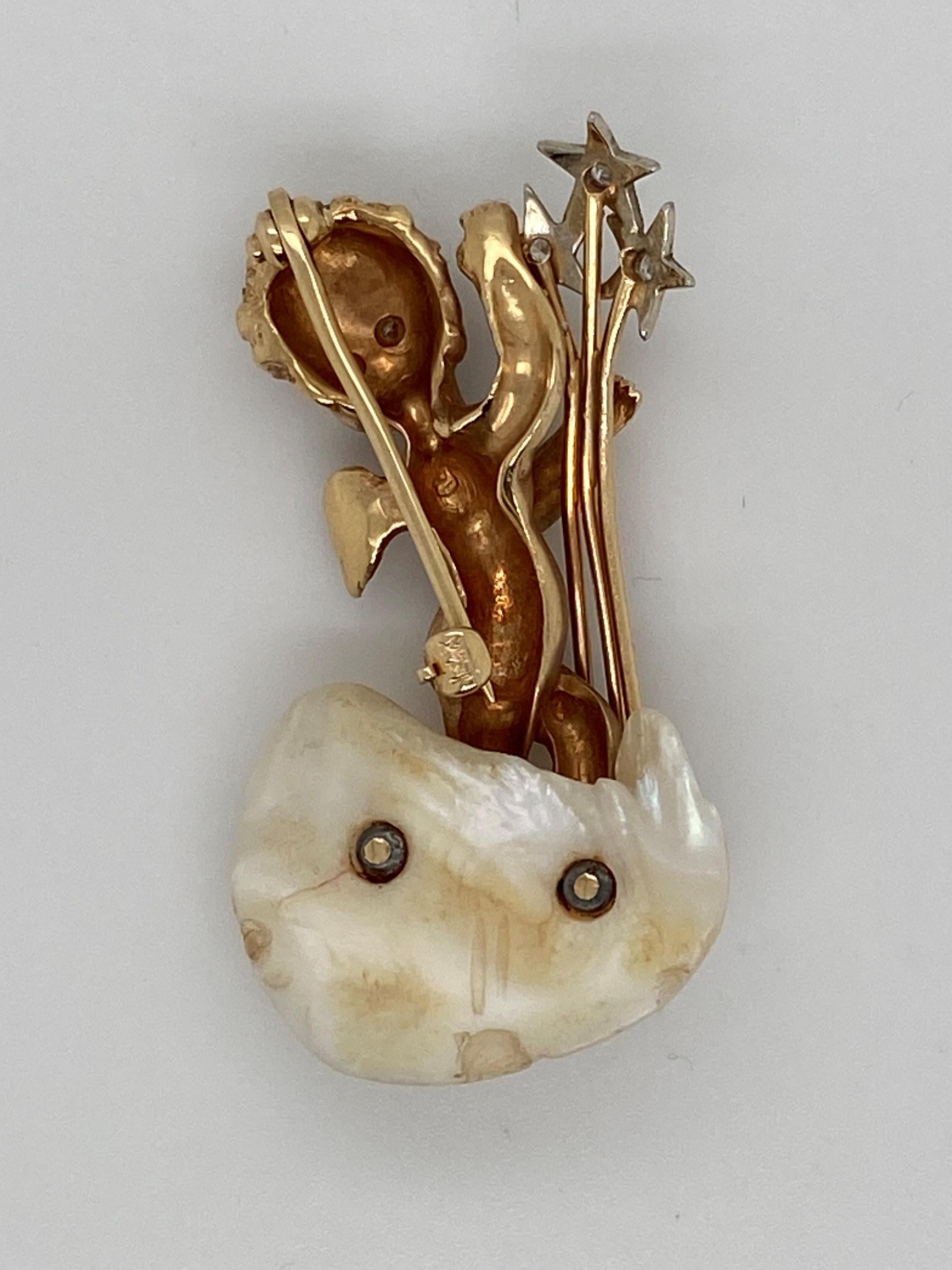 Women's or Men's 14 Karat Cherub Pin with Diamonds and Mother of Pearl