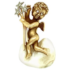 Retro 14 Karat Cherub Pin with Diamonds and Mother of Pearl