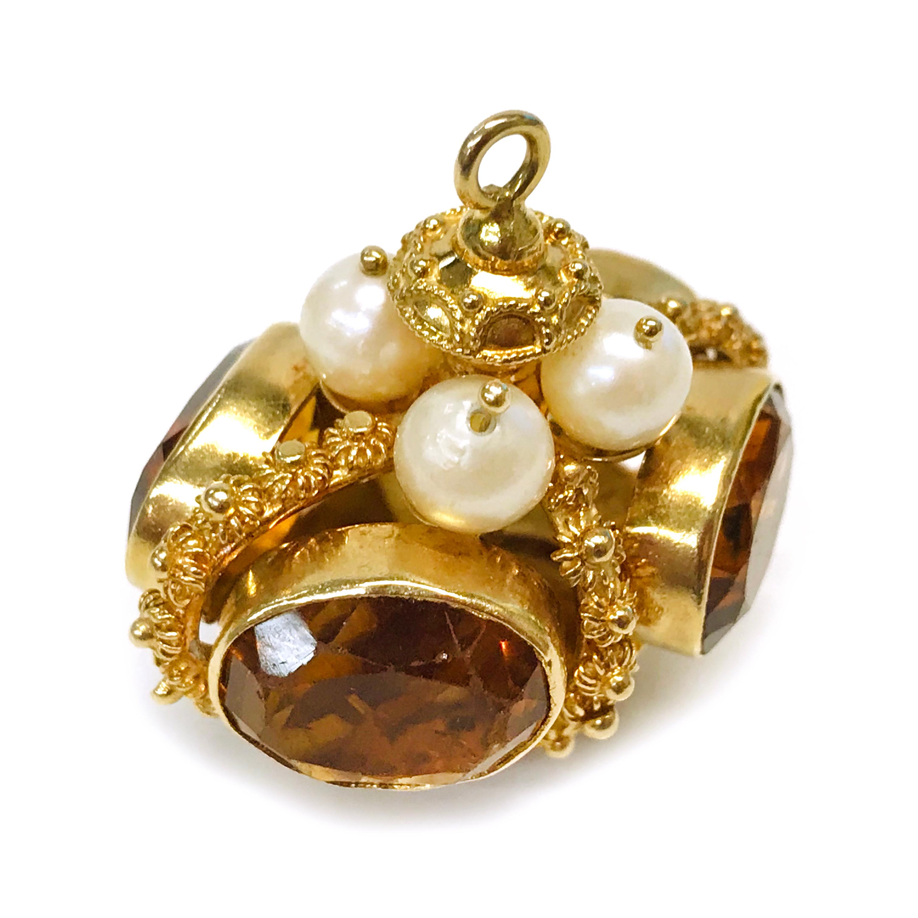 Rétro Ciondolo con corona di perle citrine 14 carati in vendita
