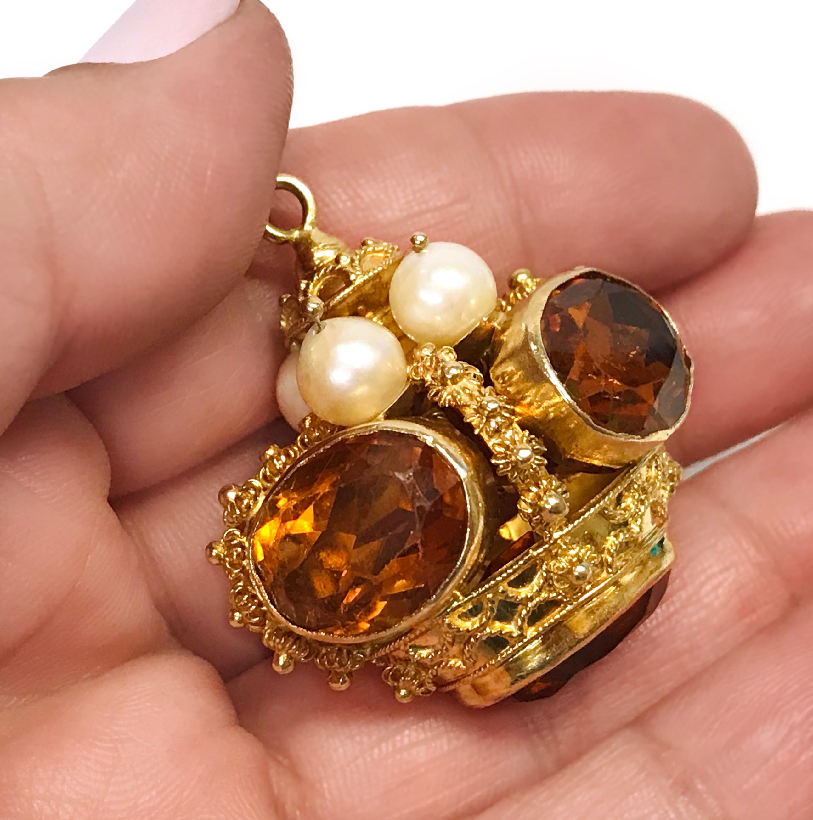 Retro 14 Karat Citrine Pearl Crown Pendant For Sale