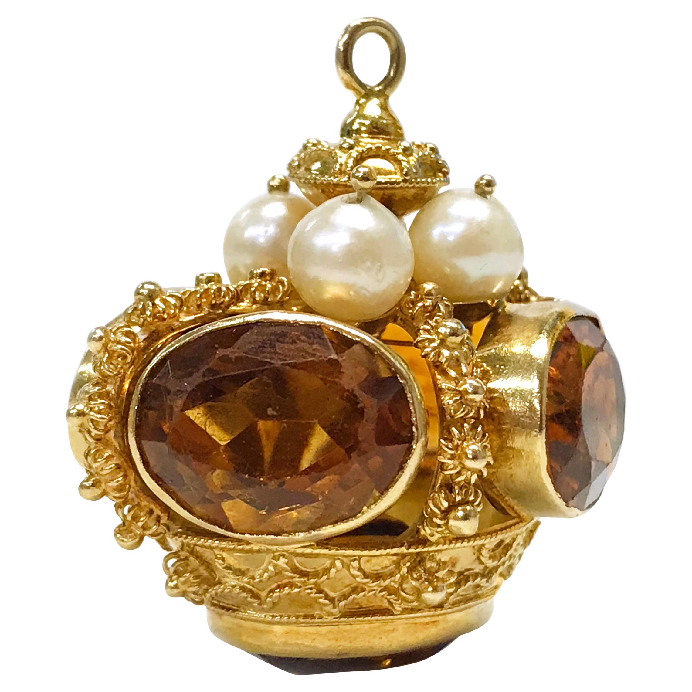 14 Karat Citrine Pearl Crown Pendant For Sale