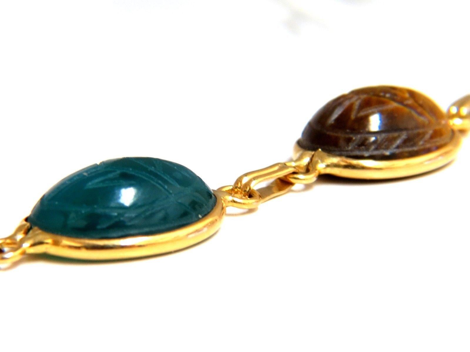 Classic Cabochon Scarab Bracelet

Secure pressure clasp 

14 grams.

14kt. Yellow gold. 

Measures 8 inches (wearable length)

Each stone: 12 x 15mm