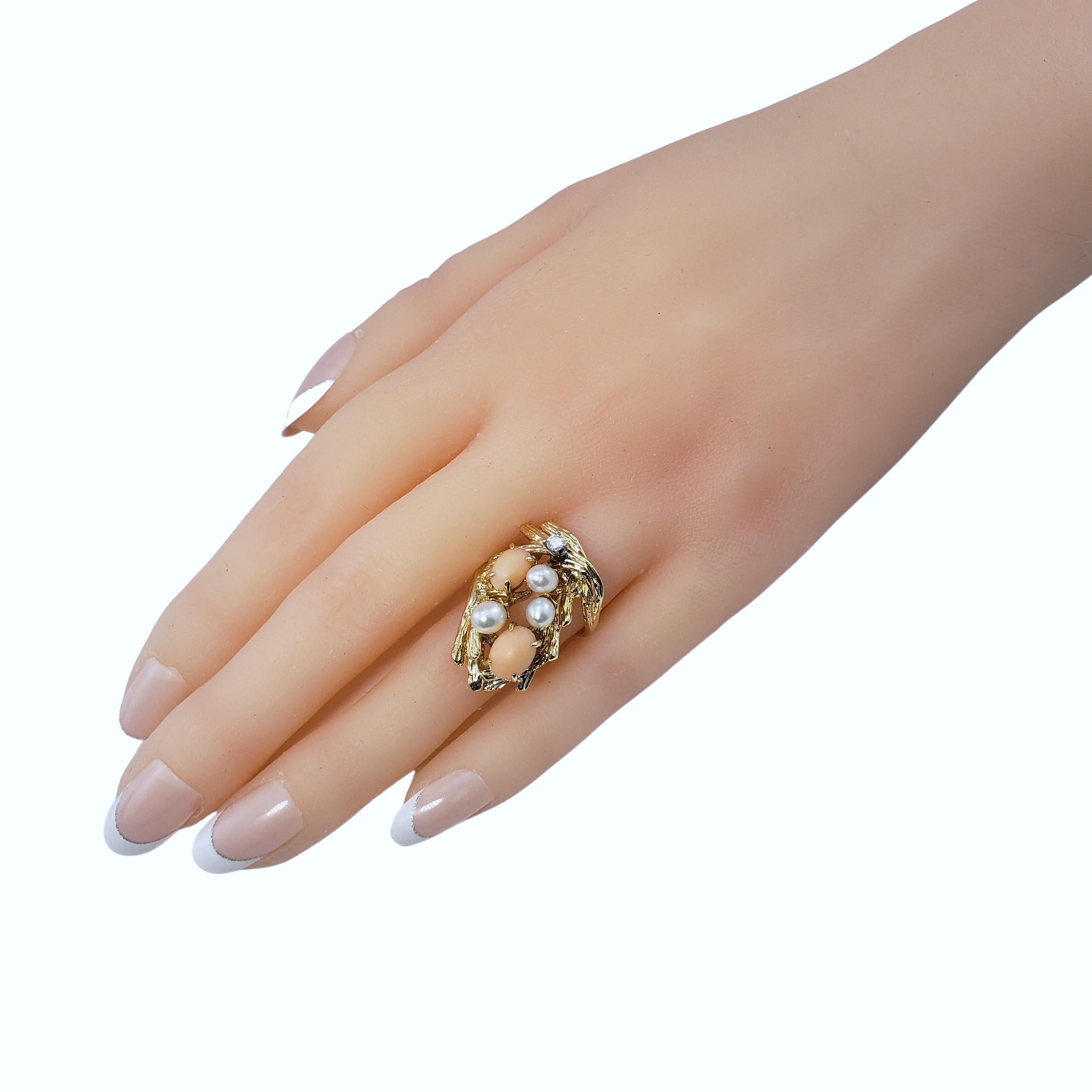 14 Karat Coral, Pearl and Diamond Ring In Good Condition For Sale In Washington Depot, CT