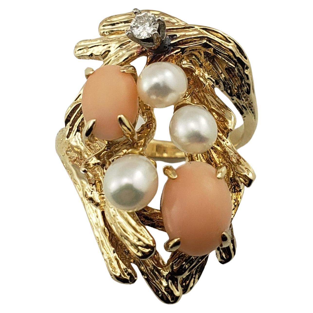 14 Karat Coral, Pearl and Diamond Ring For Sale