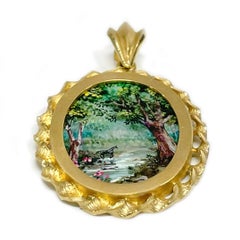 14k Gold "Tree, Creek & Horse" Masterpiece Hand Painted MOP Pendant #802