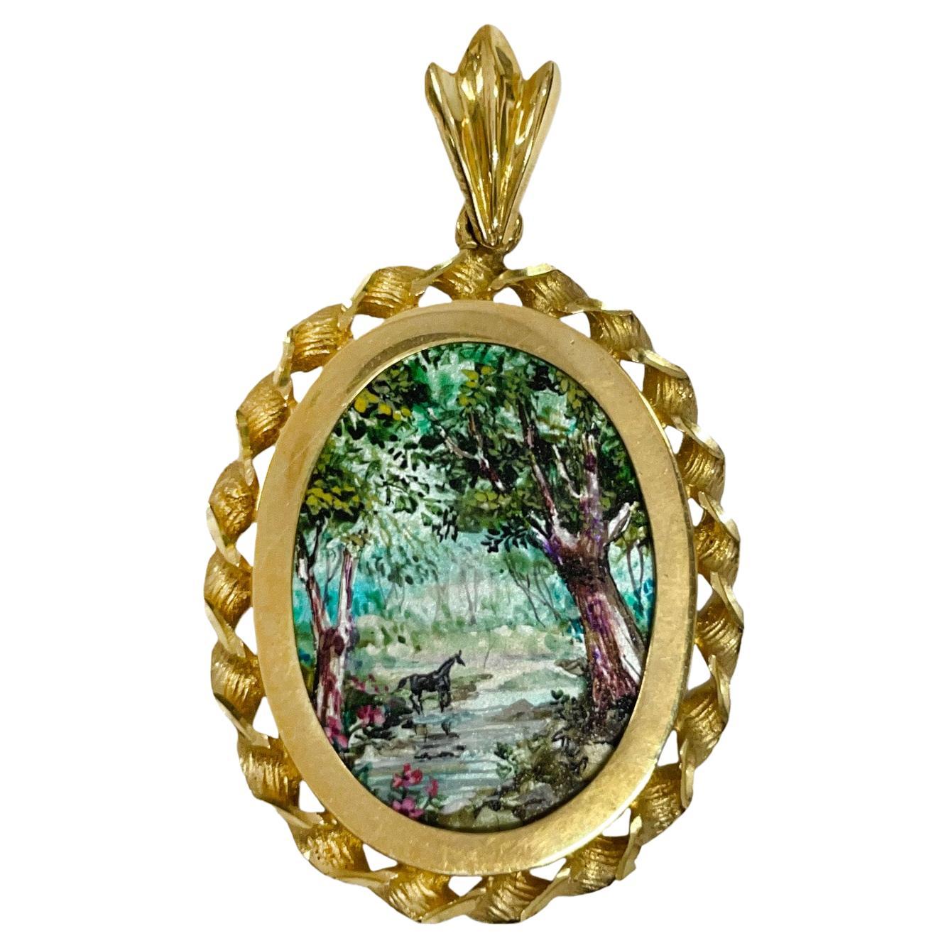 14 Karat Creek Masterpiece Hand Painted Mother-of-Pearl Pendant #0802 For Sale