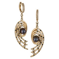  Open Spiral Dangle Earrings with Peacock Akoya Pearls and Diamonds