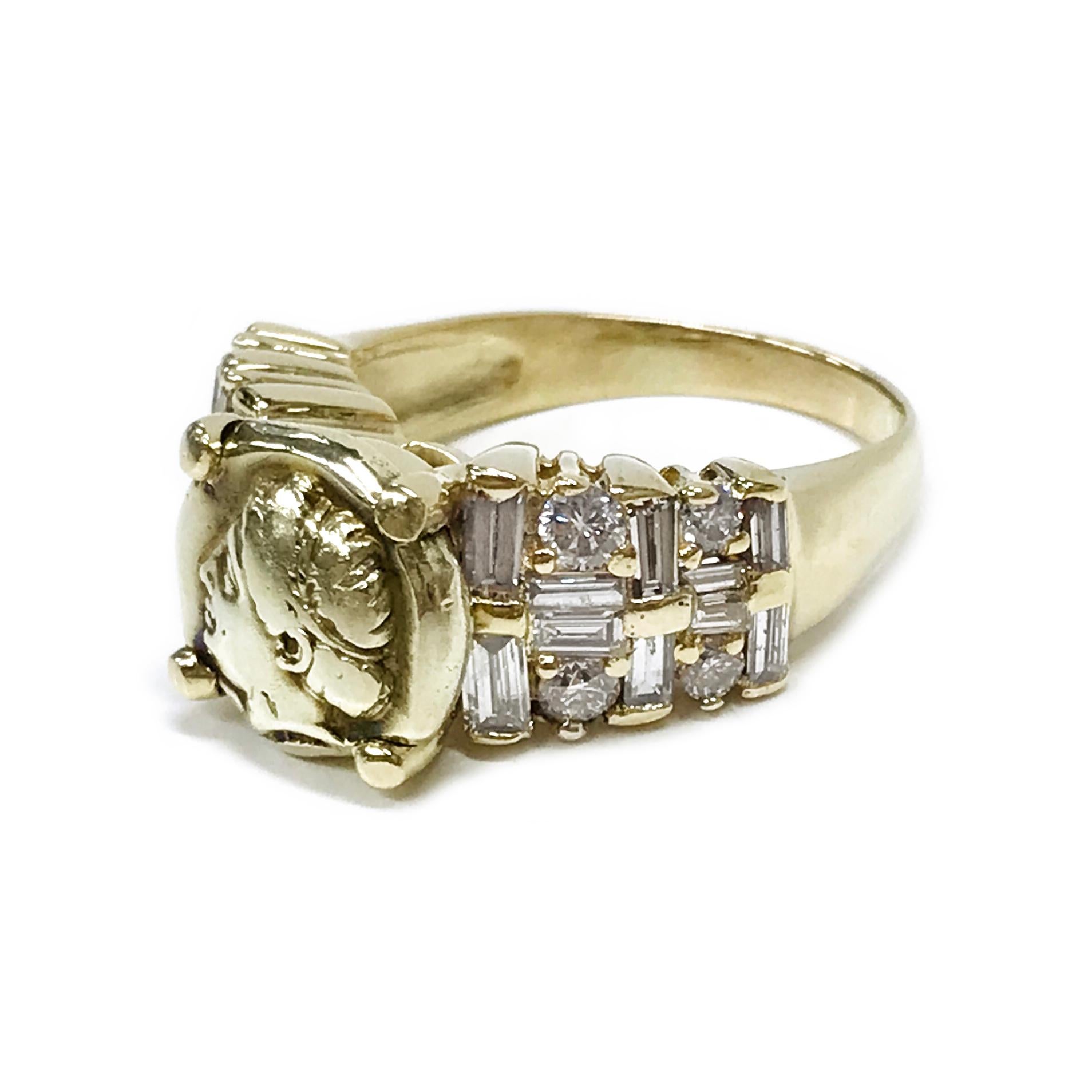 14 Karat Demeter Diamond Coin Ring. The unique ring features Demeter coin four prong-set on a raised gallery with both baguette and round diamonds. The coin has quite a bit of wear at its highest point, Demeter's hair and ear exhibiting the most