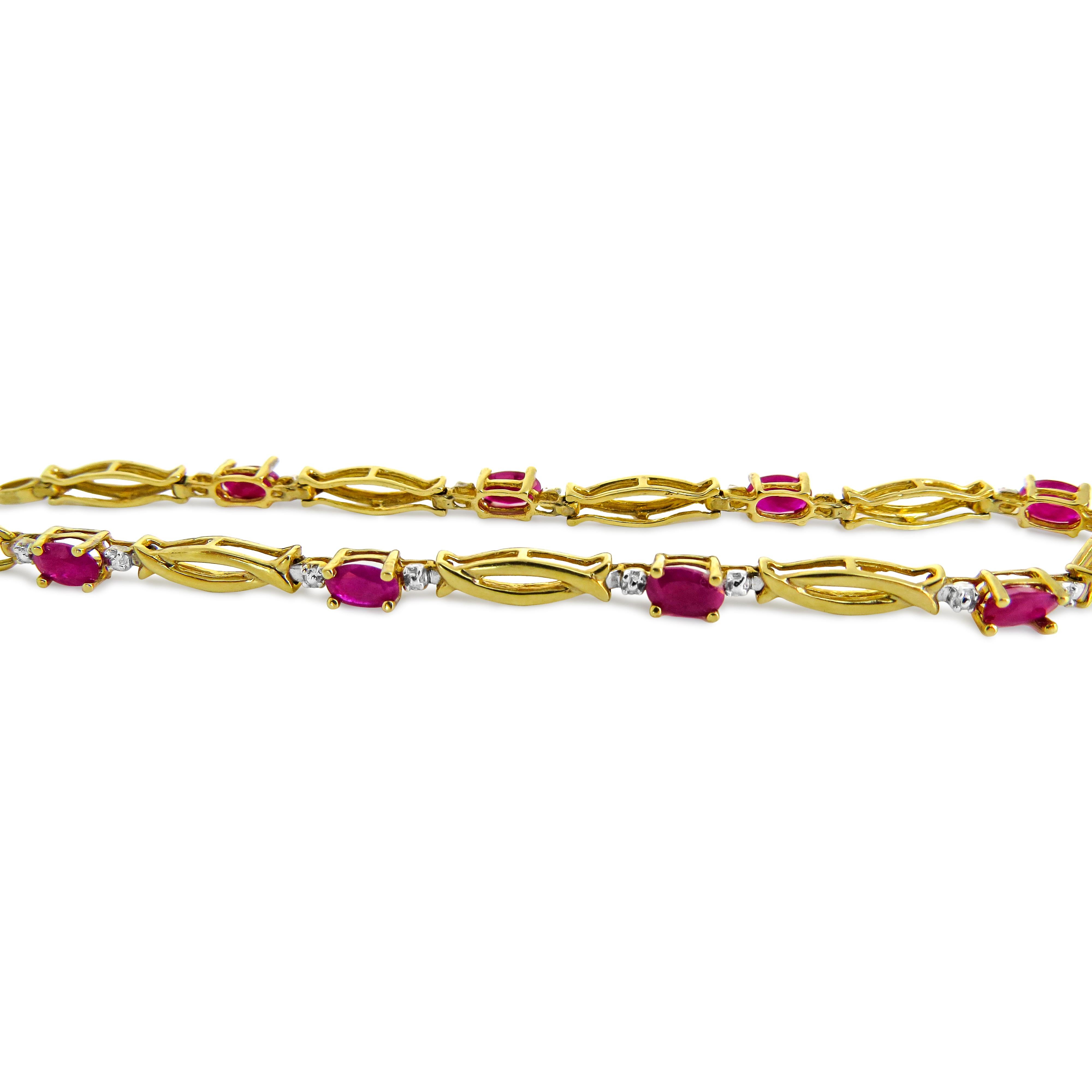 14K Yellow Gold 
Weight= 5.2 gr 
Length= 8 Inches  
Ruby= 2 Ct total 
Diamond= 0.16 Ct total 
Year= 2000 