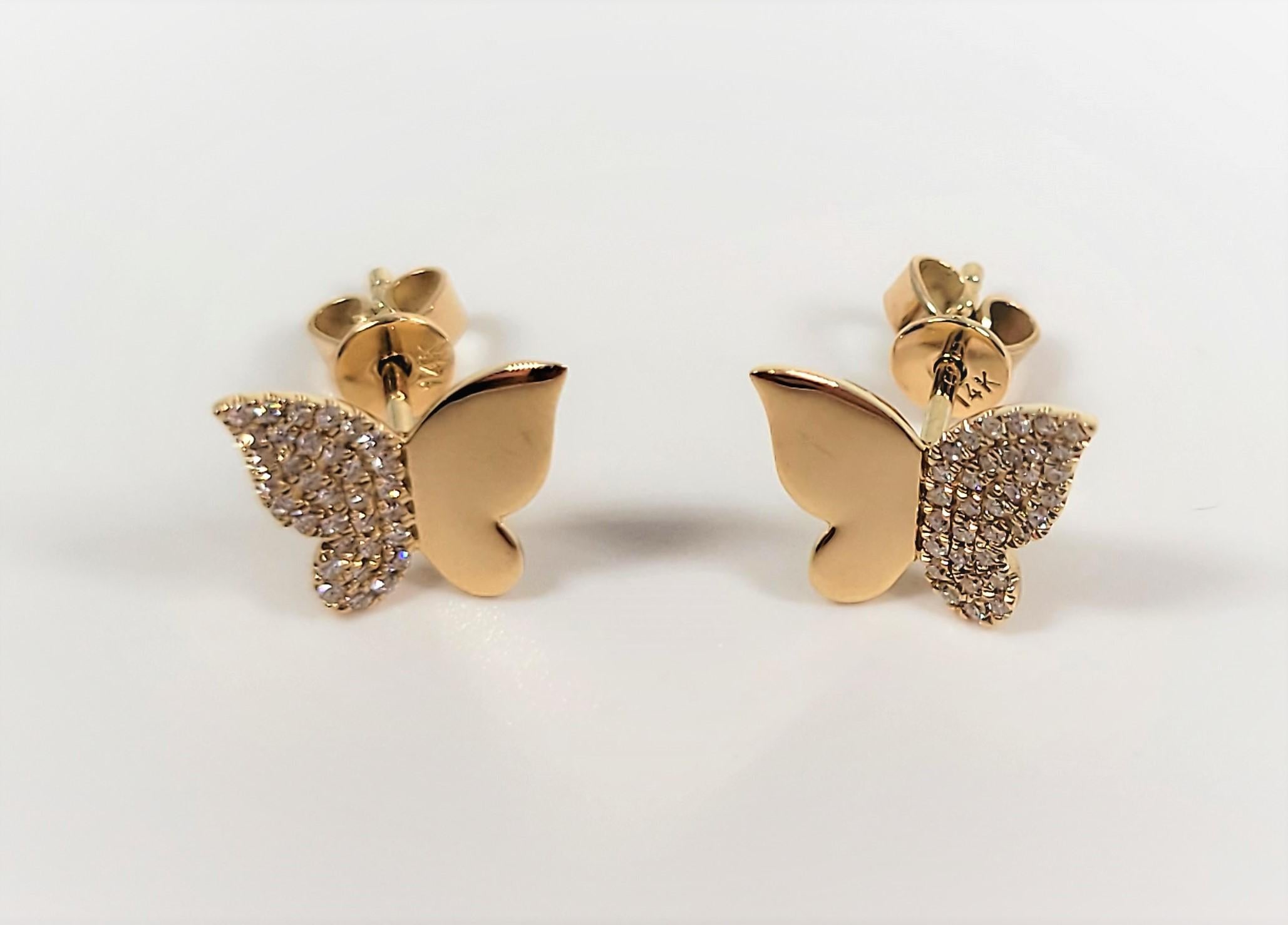 Round Cut 14 Karat Diamond Butterfly Earrings For Sale