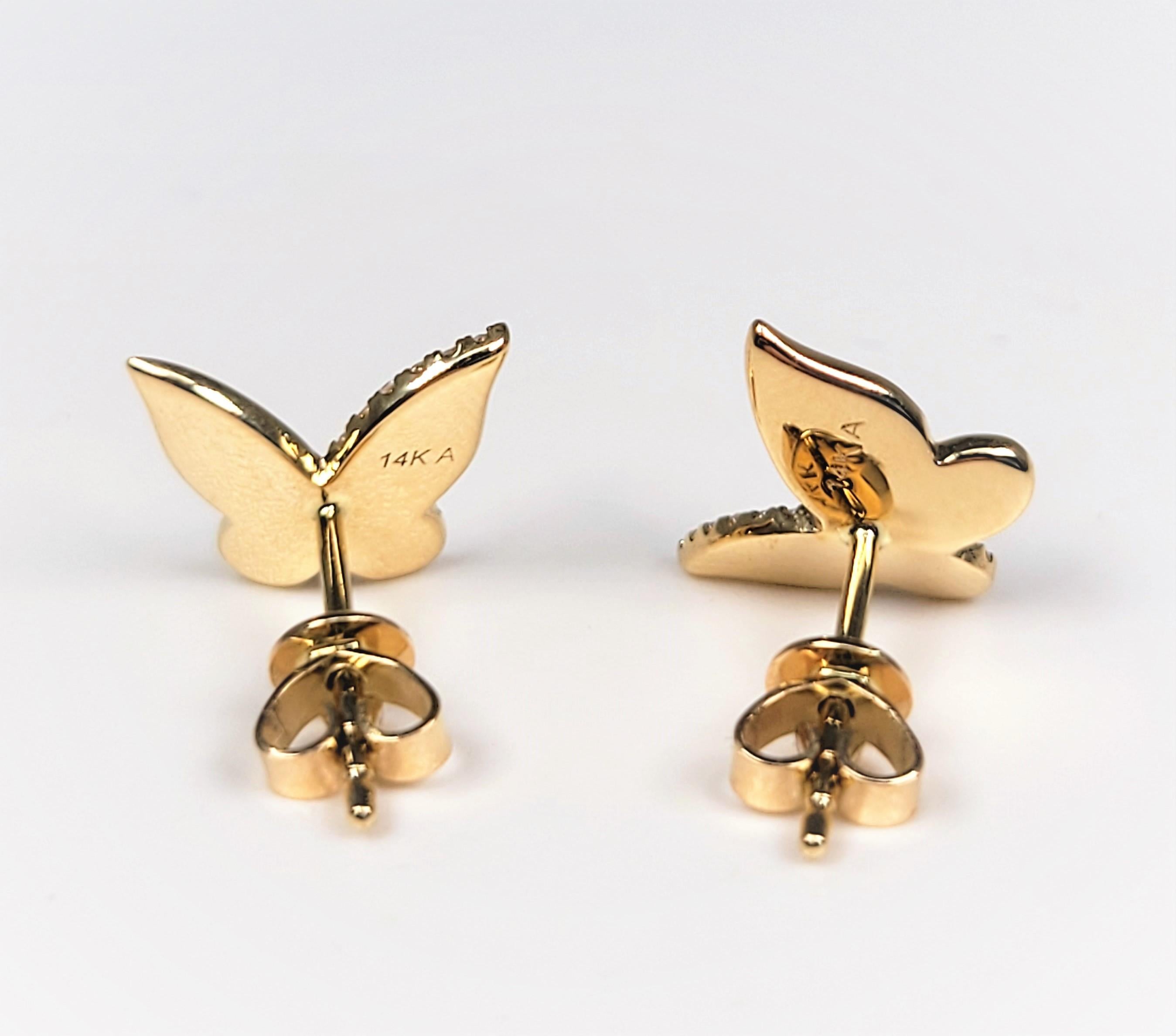 Women's or Men's 14 Karat Diamond Butterfly Earrings For Sale