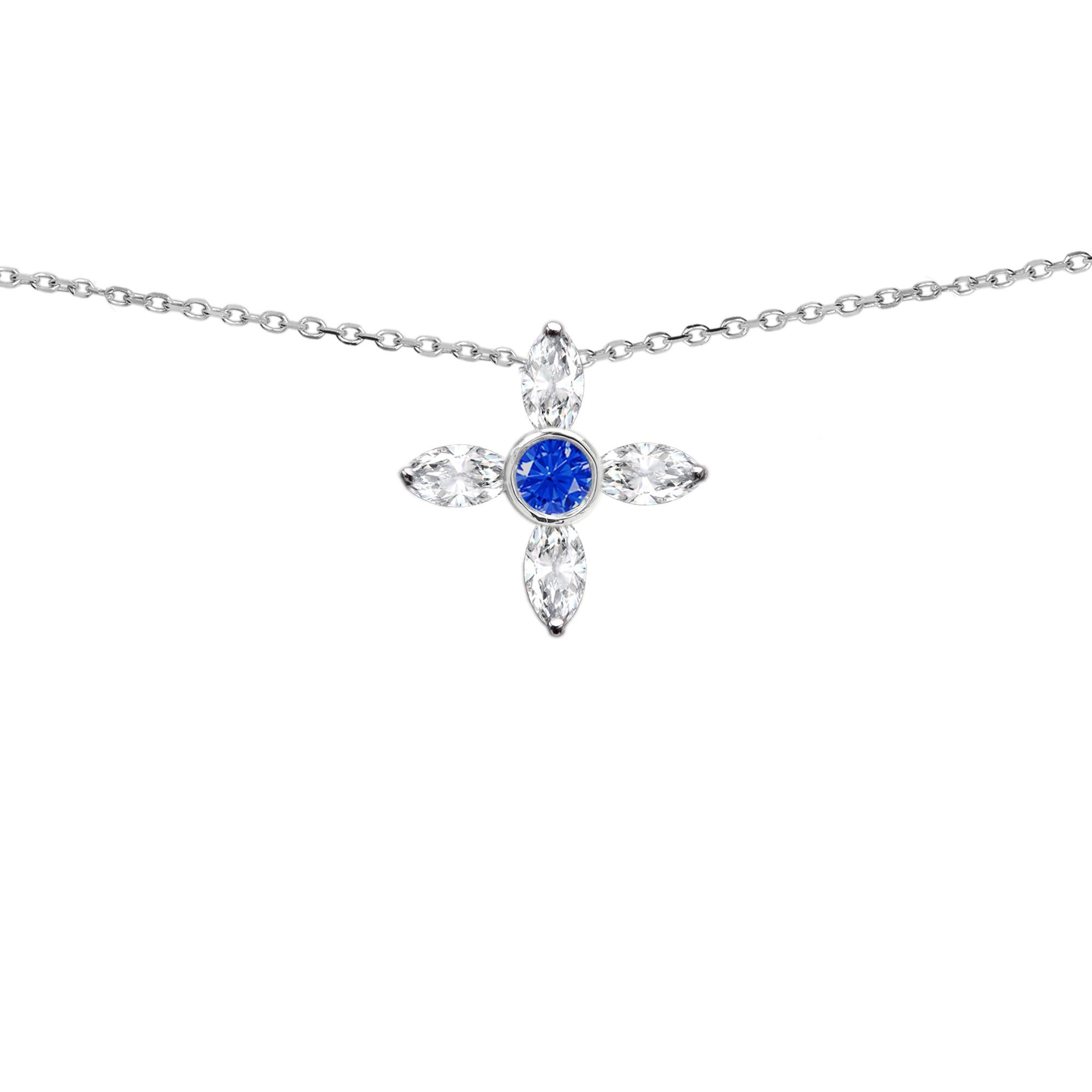 14 Karat Diamond Choker Greek Cross Choker Marquise Diamonds and Blue Sapphire For Sale 3