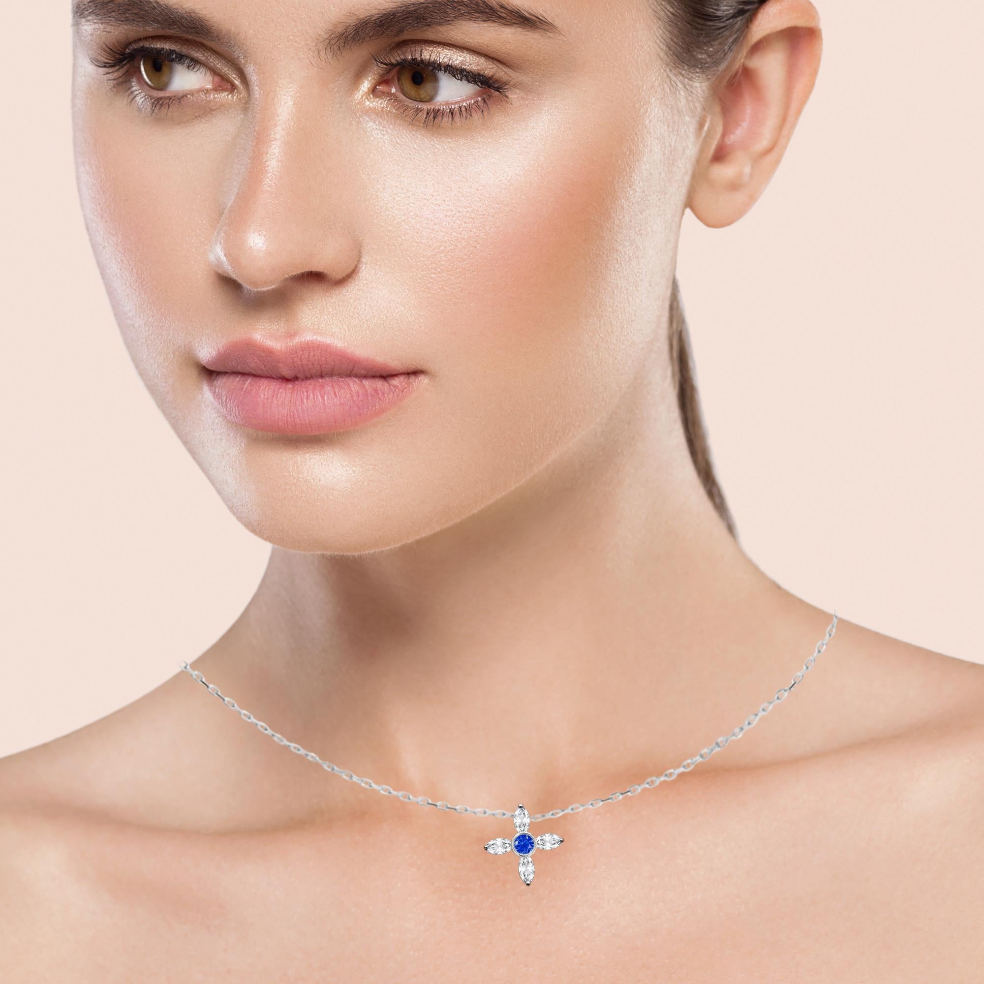 14 Karat Diamond Choker Greek Cross Choker Marquise Diamonds and Blue Sapphire For Sale 4