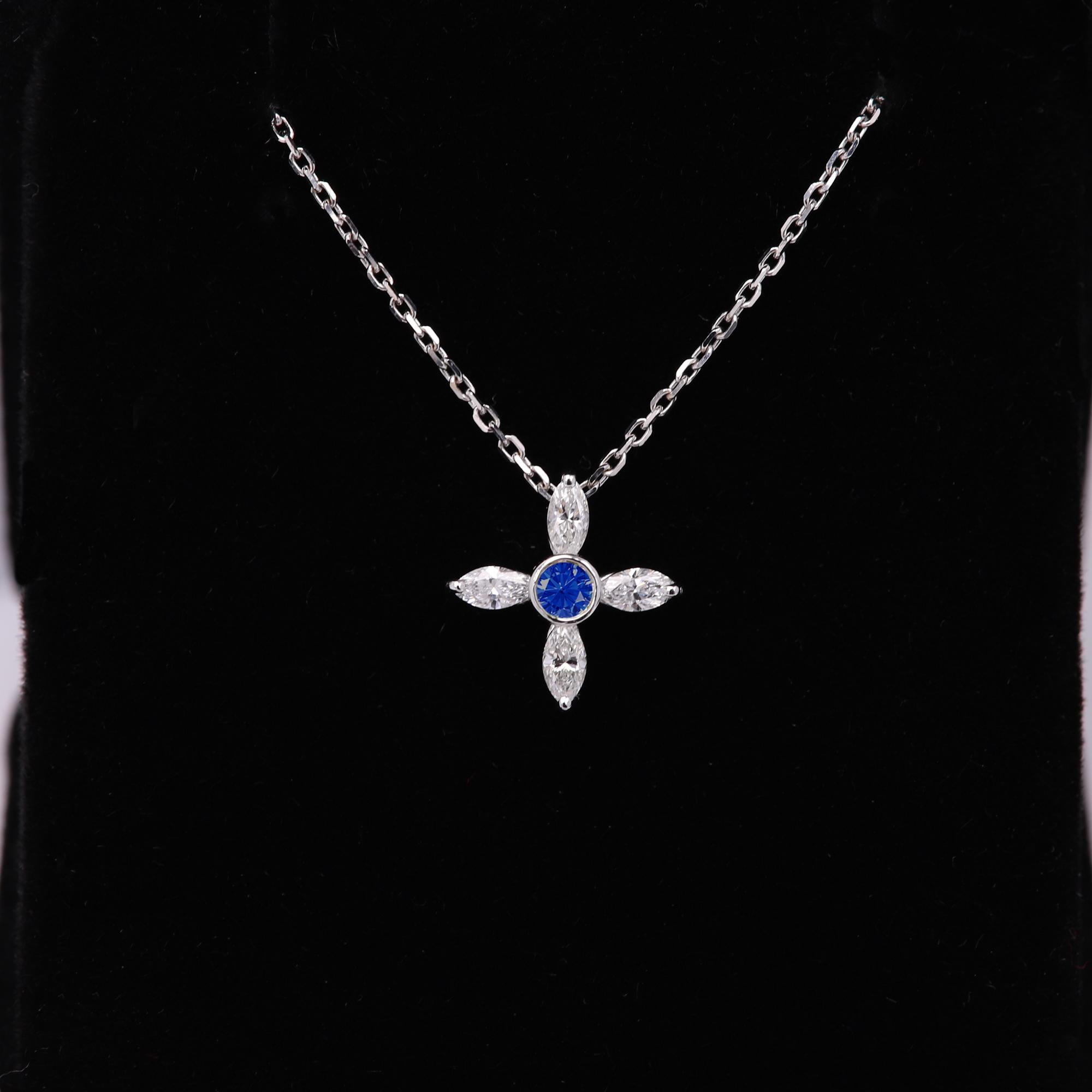 14 Karat Diamond Choker Greek Cross Choker Marquise Diamonds and Blue Sapphire For Sale 1