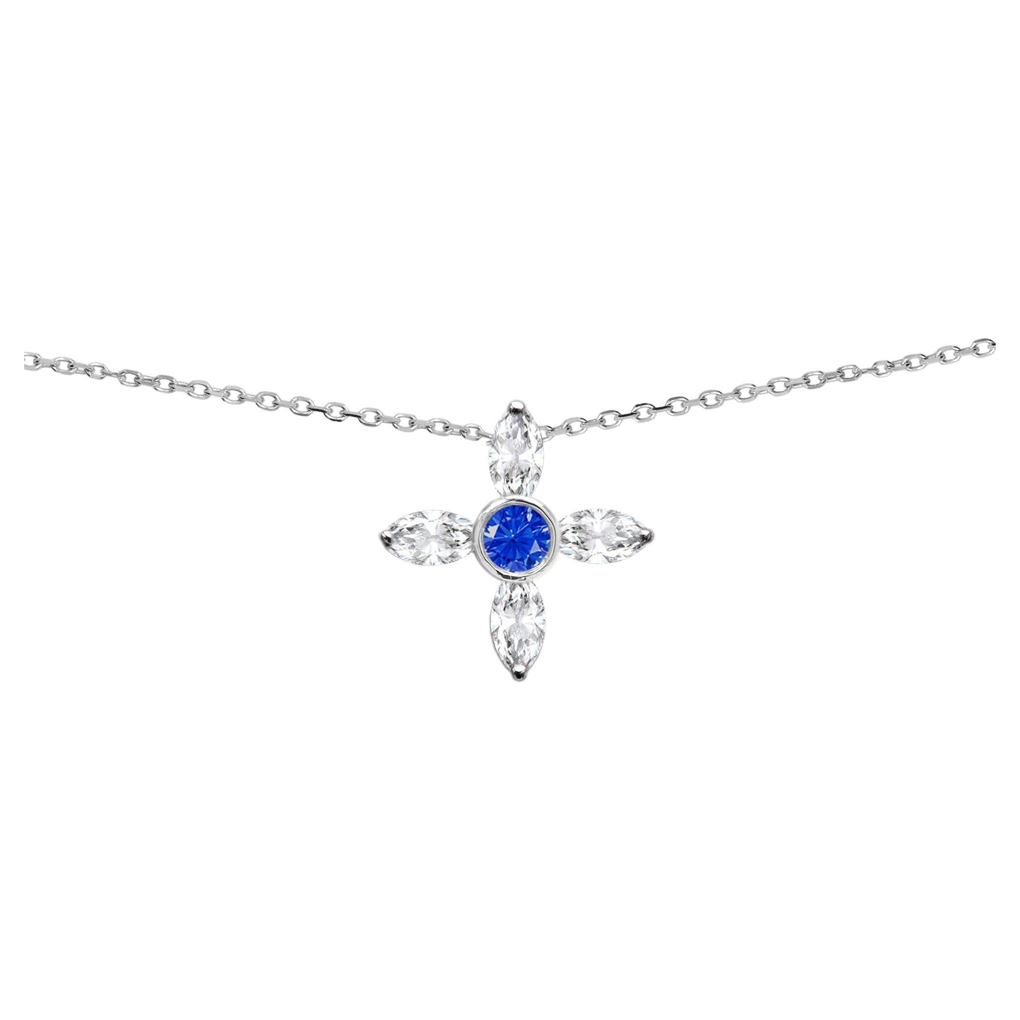 14 Karat Diamond Choker Greek Cross Choker Marquise Diamonds and Blue Sapphire For Sale
