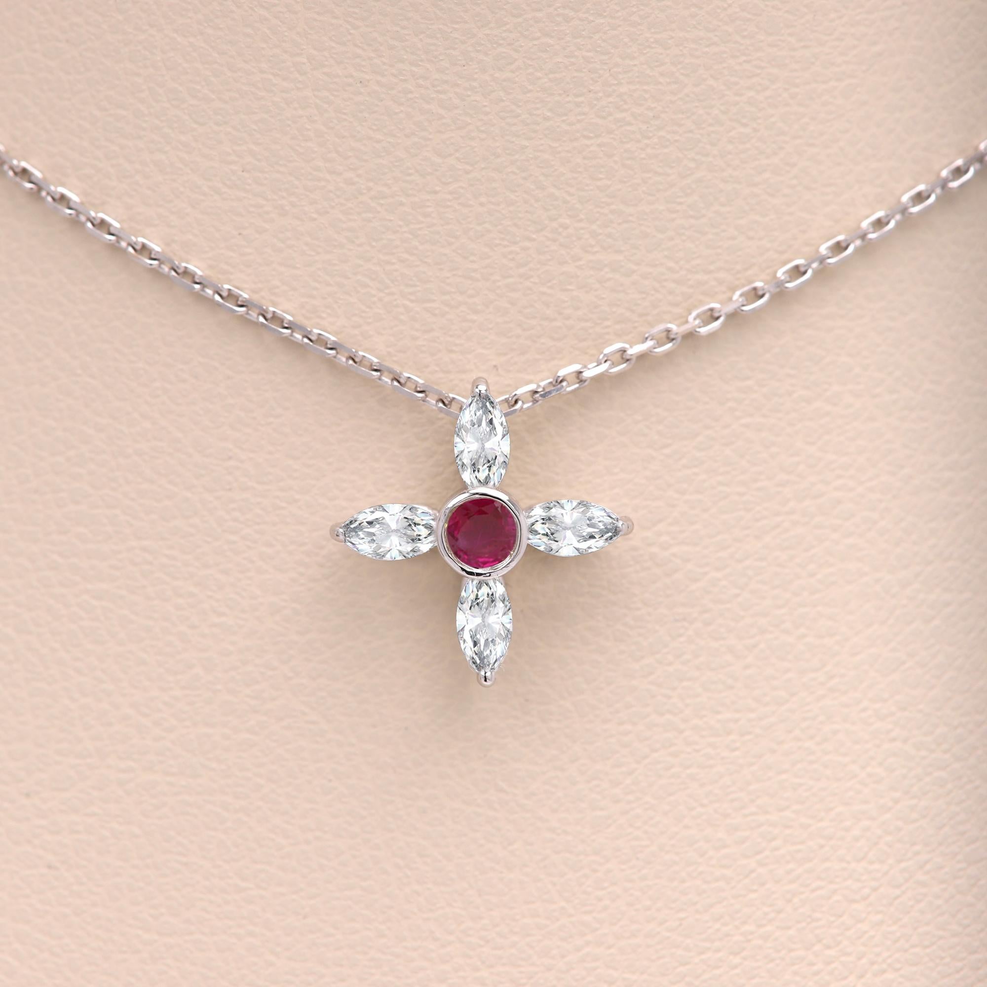 Marquise Cut 14 Karat Diamond Choker Greek Cross Choker Marquise Diamonds and Red Ruby For Sale