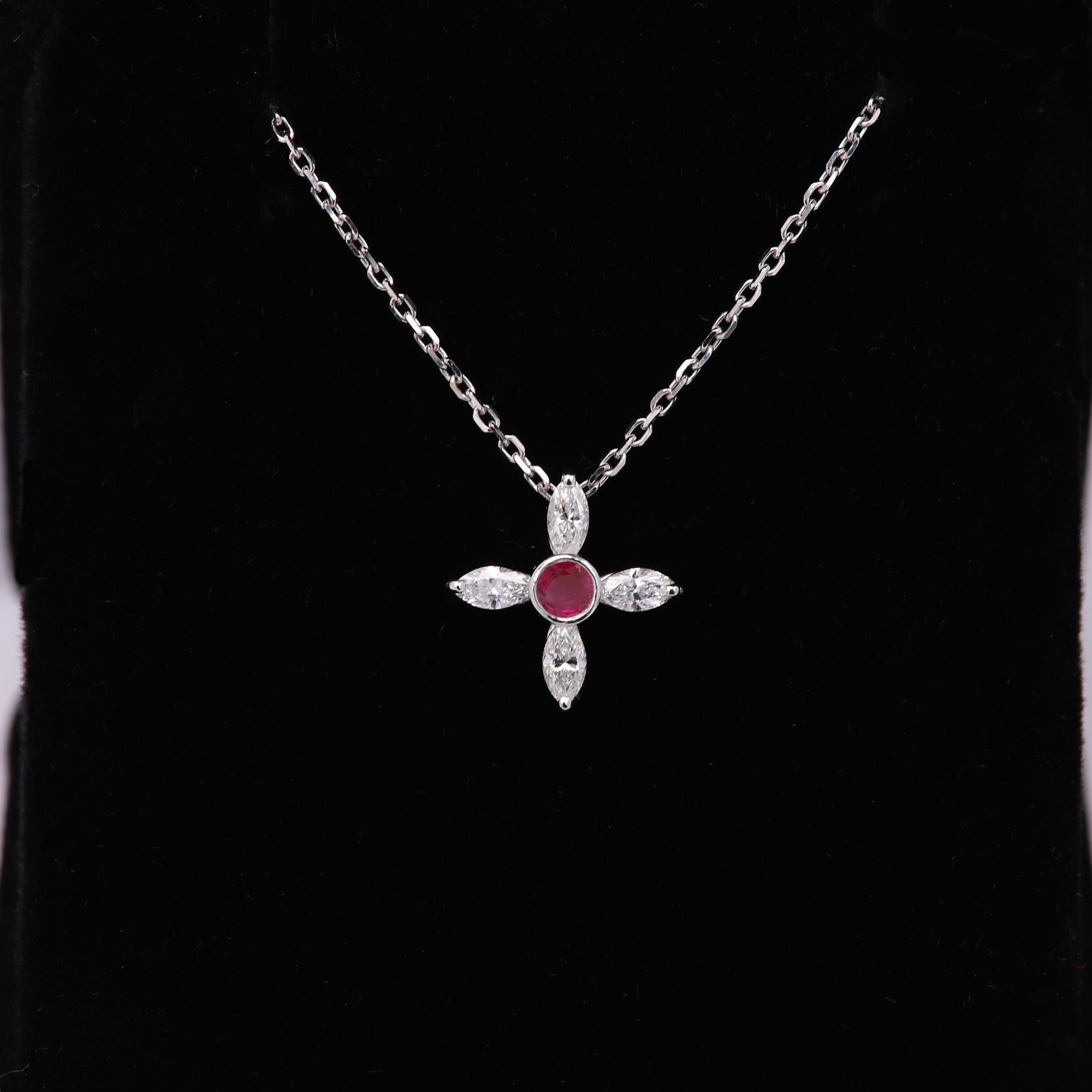 14 Karat Diamond Choker Greek Cross Choker Marquise Diamonds and Red Ruby For Sale 2