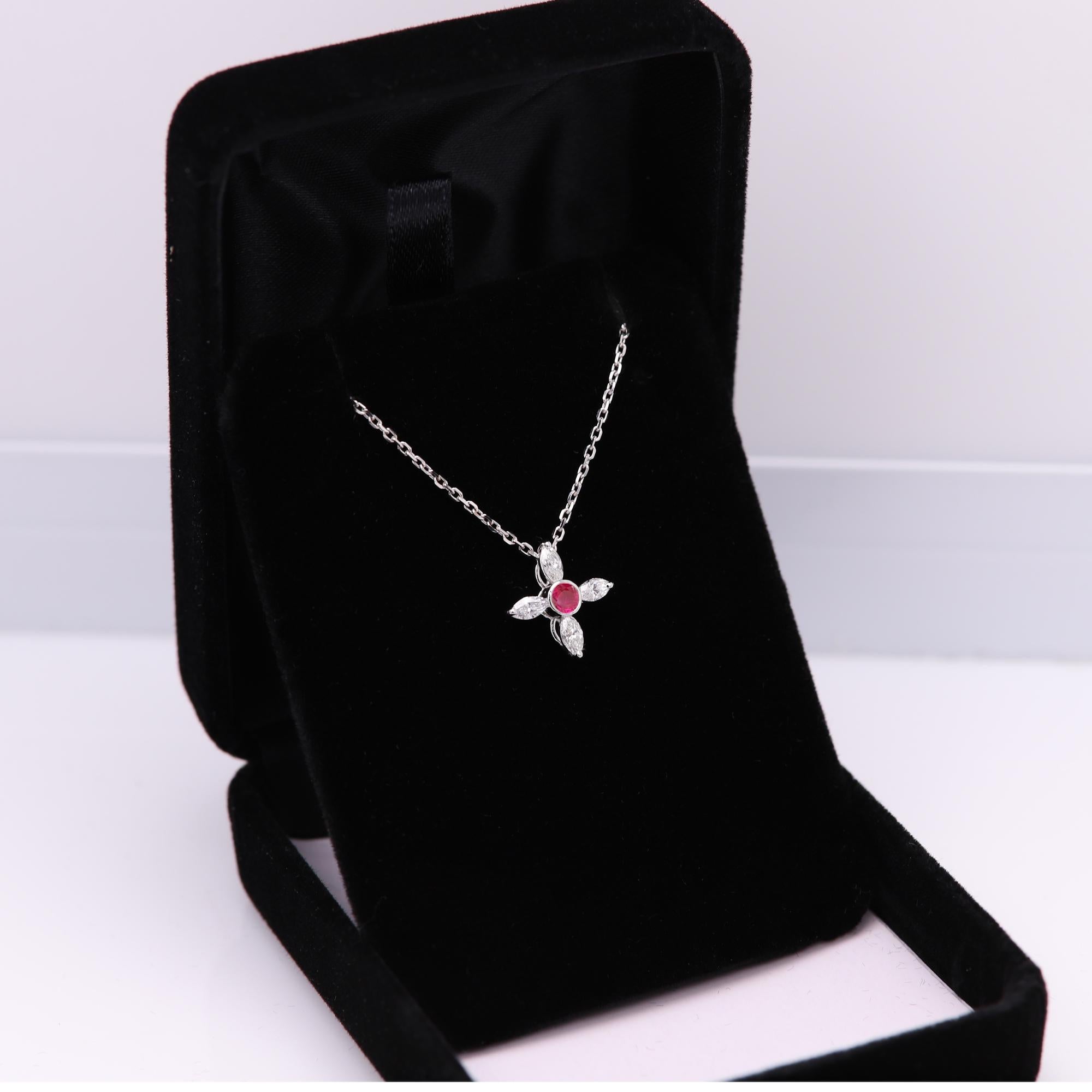 14 Karat Diamond Choker Greek Cross Choker Marquise Diamonds and Red Ruby For Sale 3