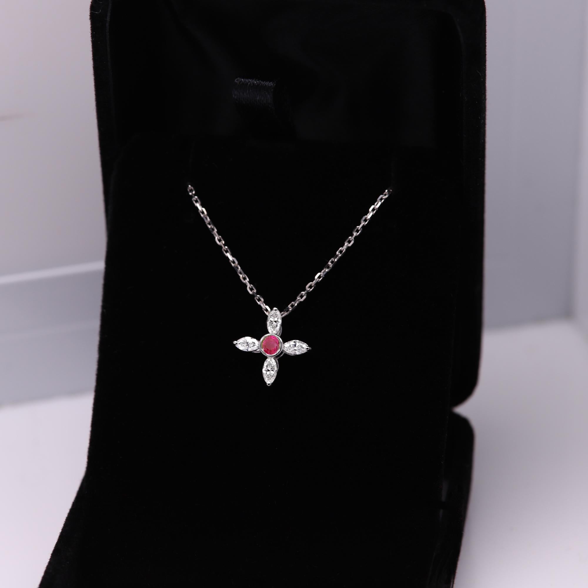 14 Karat Diamond Choker Greek Cross Choker Marquise Diamonds and Red Ruby For Sale 4