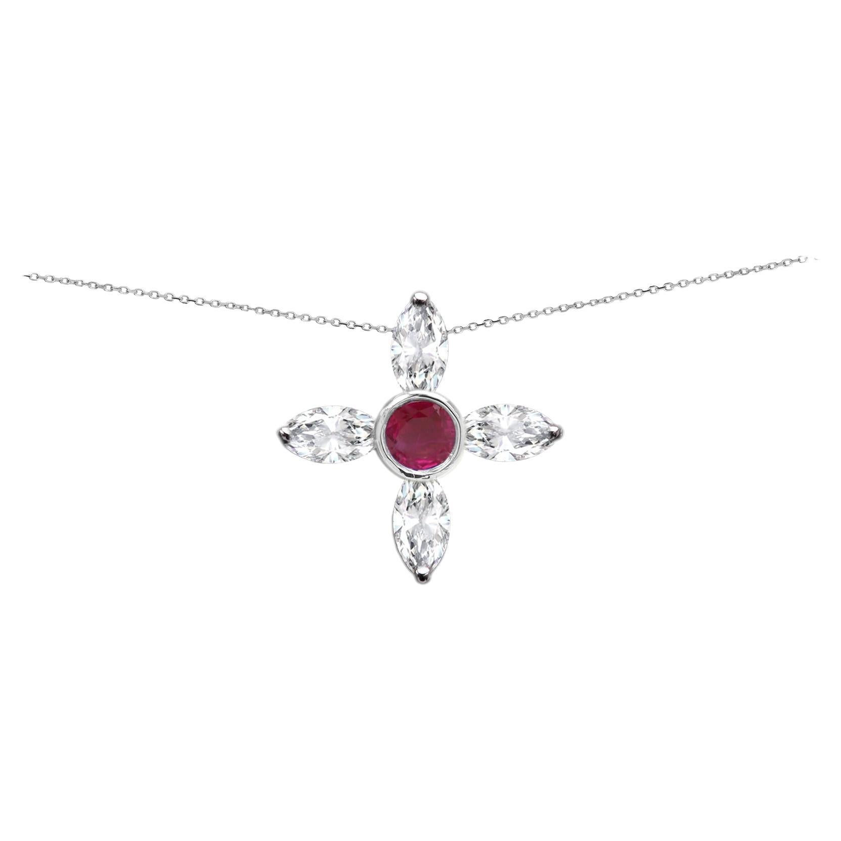 14 Karat Diamond Choker Greek Cross Choker Marquise Diamonds and Red Ruby For Sale