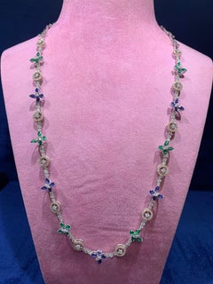 14 Karat Emerald Blue Sapphire White Diamond Long Chain Necklace