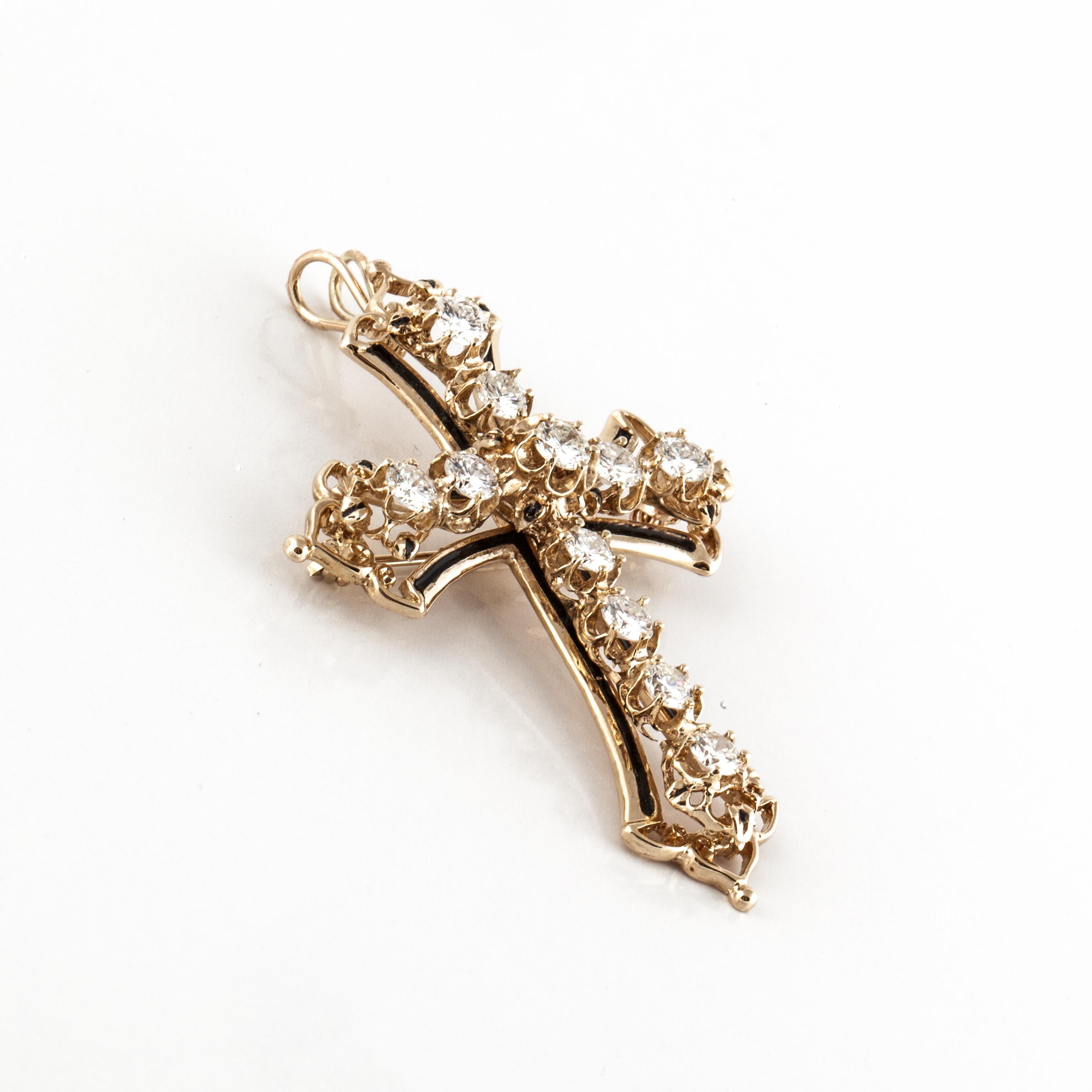 14 Karat Diamond Cross Pin Pendant In Good Condition In Houston, TX