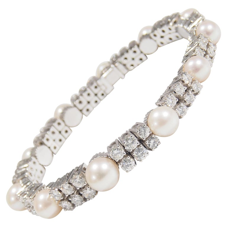 14 Karat Diamond Cultured Pearl Tennis Bracelet For Sale at 1stDibs