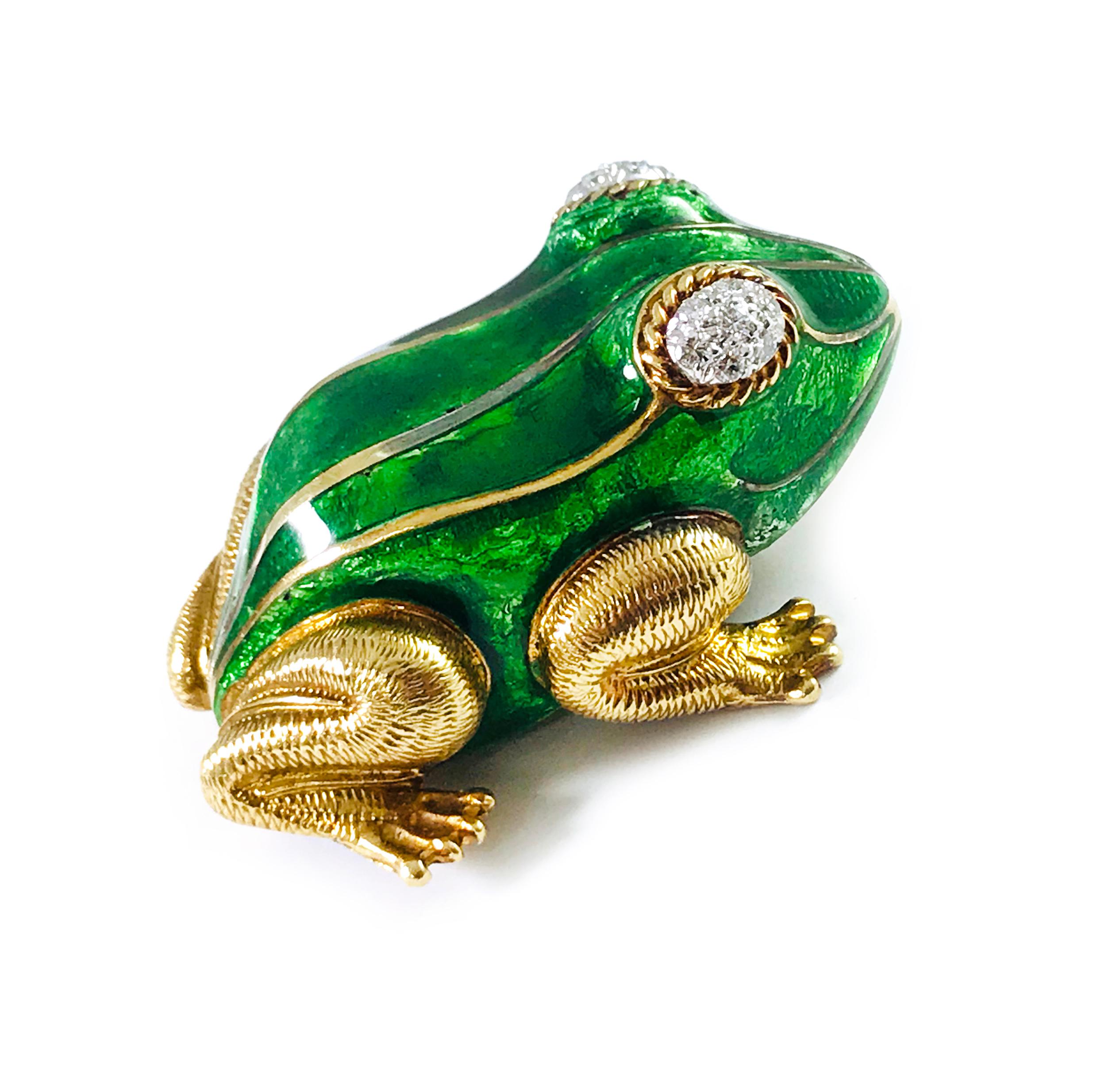 Diamond 18k Enamel Frog Brooch. This adorable frog is looking for his princess, one look at those sparkly eyes and you'll be enchanted. Beautiful textured detail on the legs, twisted rope around the eyes and gorgeous bright green enamel body. The