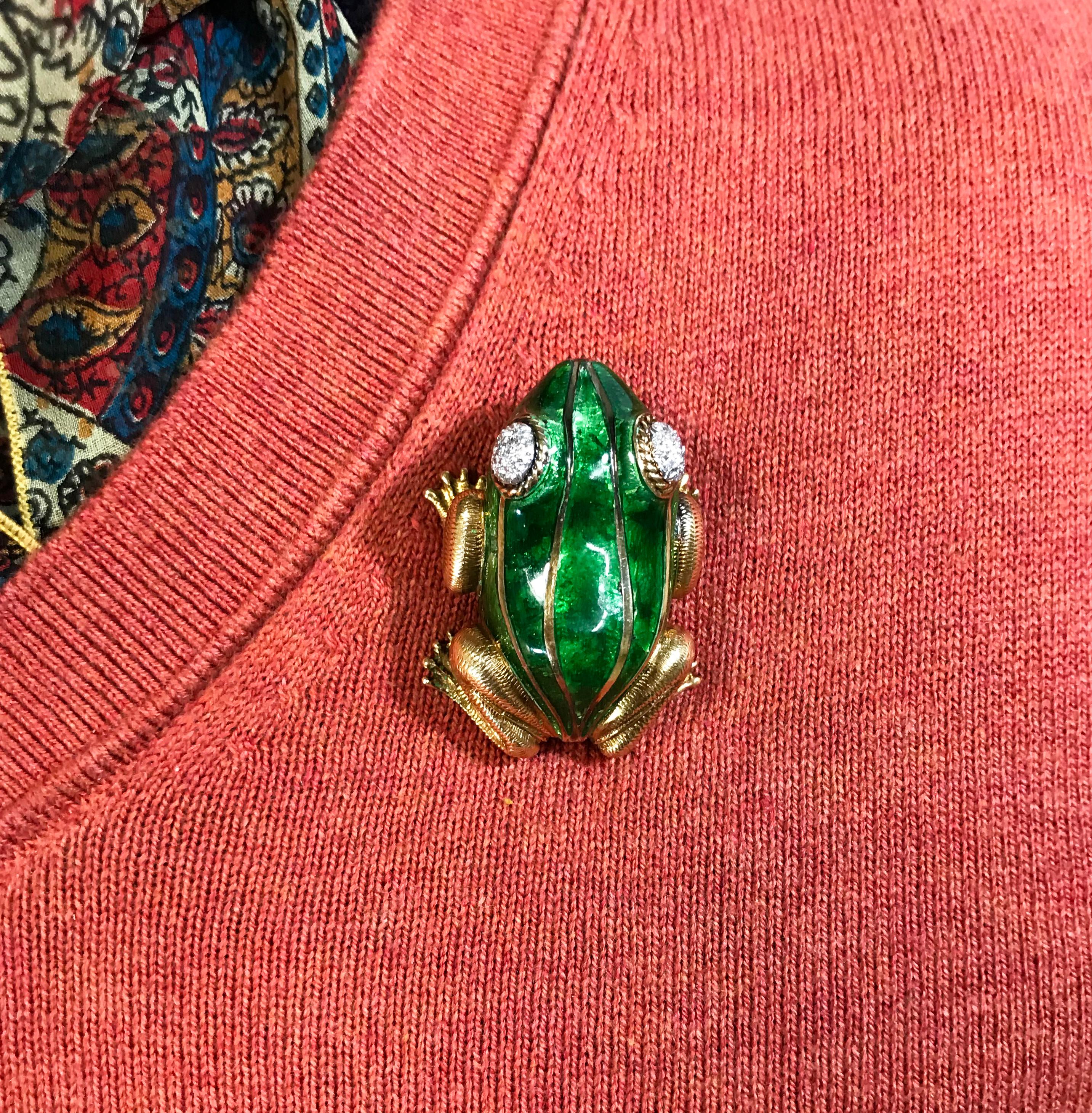Women's or Men's 14 Karat Diamond Enamel Frog Brooch