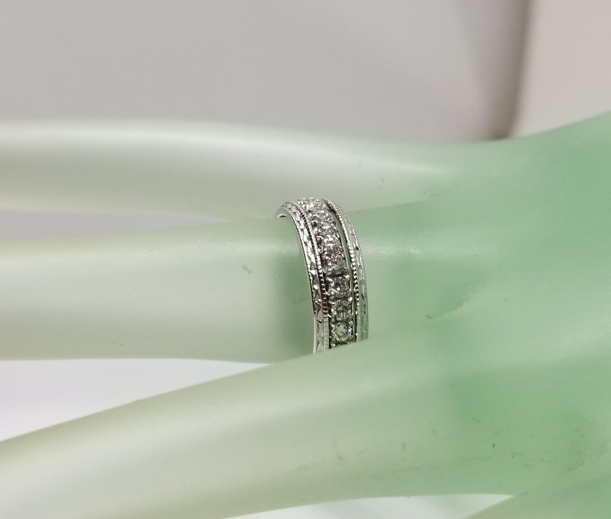 14 Karat Diamond Eternity Ring with Hand Engraved Rings In New Condition For Sale In Los Angeles, CA