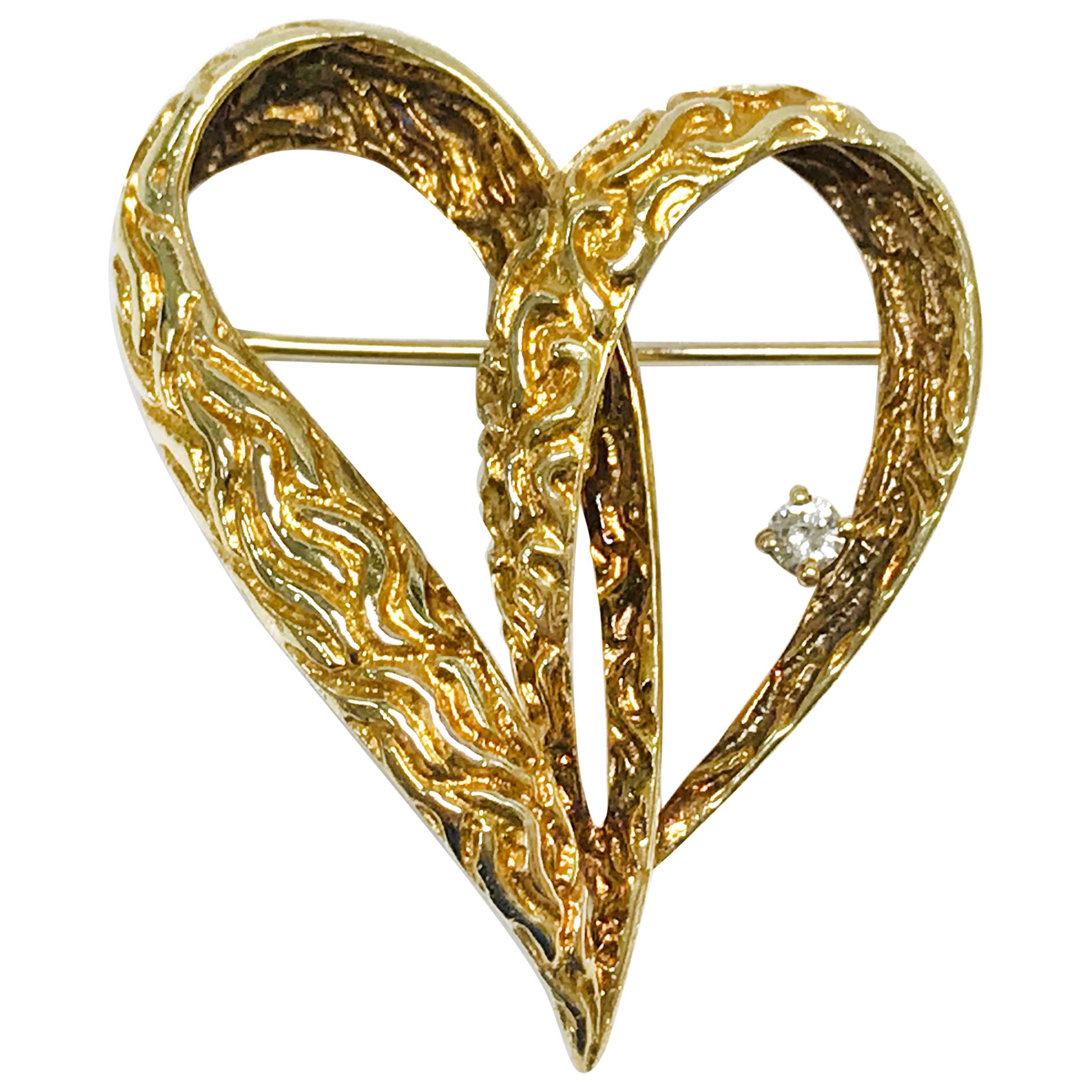 14 Karat Diamond Heart BJG Brooch For Sale