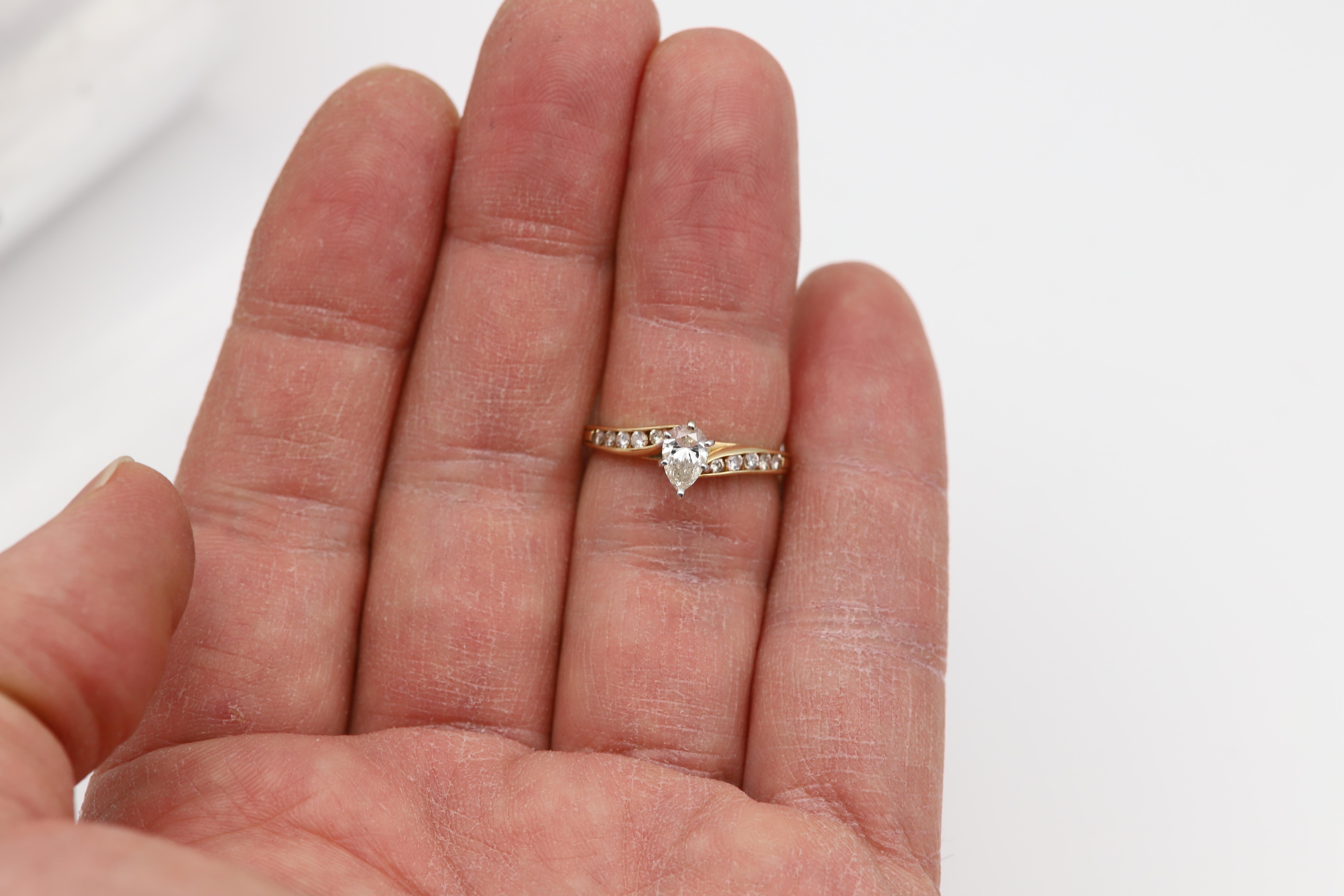 Pear Cut 14 Karat Diamond Ring Pear shape Natural Diamond Vintage diamond engagement ring For Sale