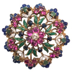 Vintage 14 Karat Diamond Ruby Sapphire Emerald Enamel Brooch or Pendant