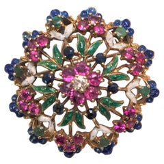 14 Karat Diamond Ruby Sapphire Emerald Enamel Brooch or Pendant