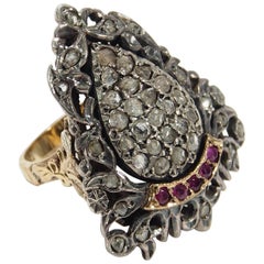 14 Karat Diamond Ruby Shield Ring White Yellow Gold 0.33 Carat