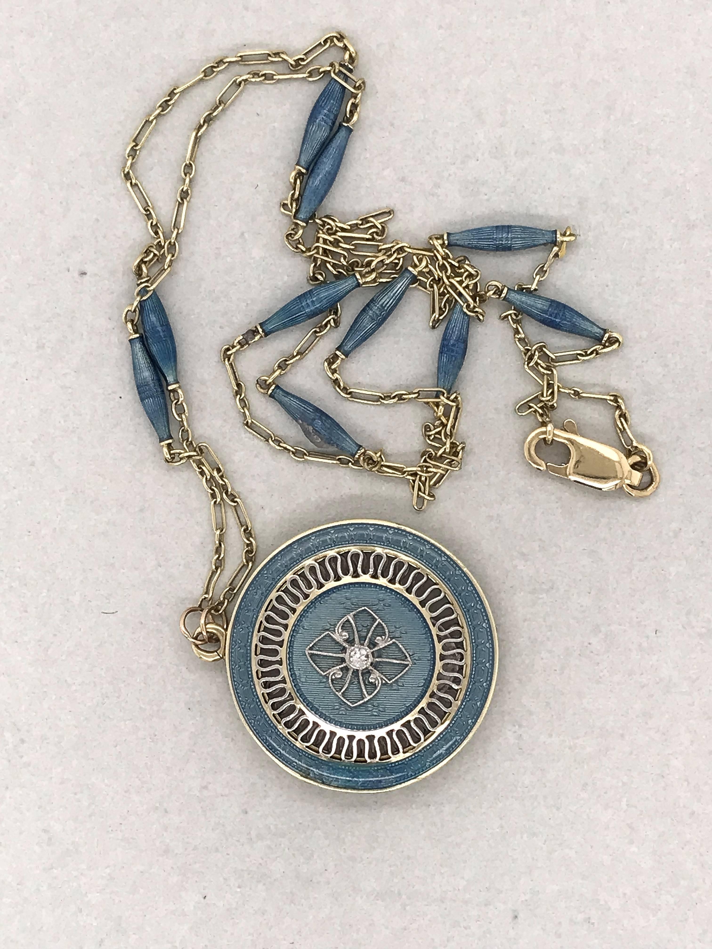 Victorian 14 Karat Diamond Set Blue Enamel Locket Pendant with Chain
