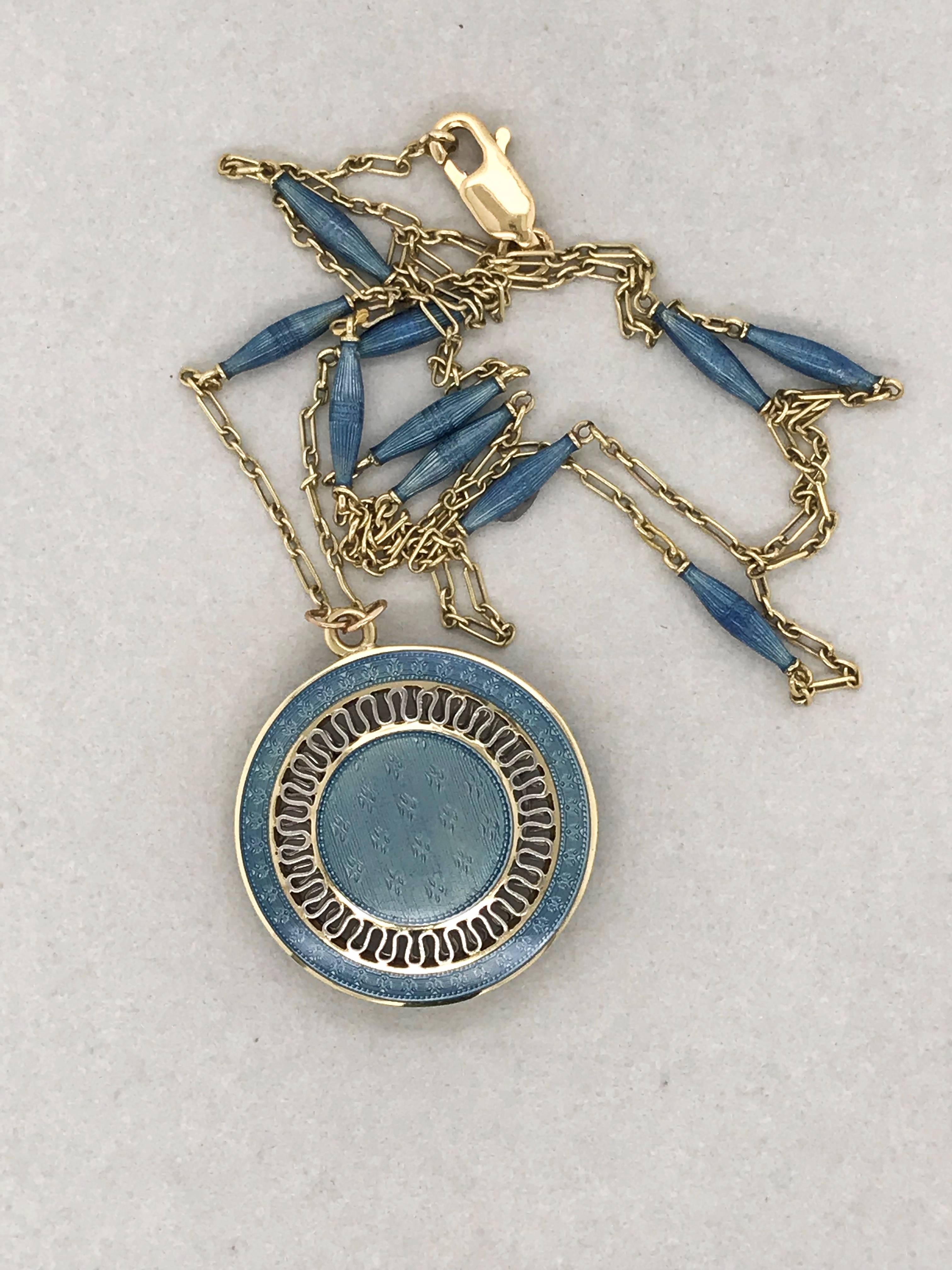 14 Karat Diamond Set Blue Enamel Locket Pendant with Chain In Excellent Condition In QLD , AU