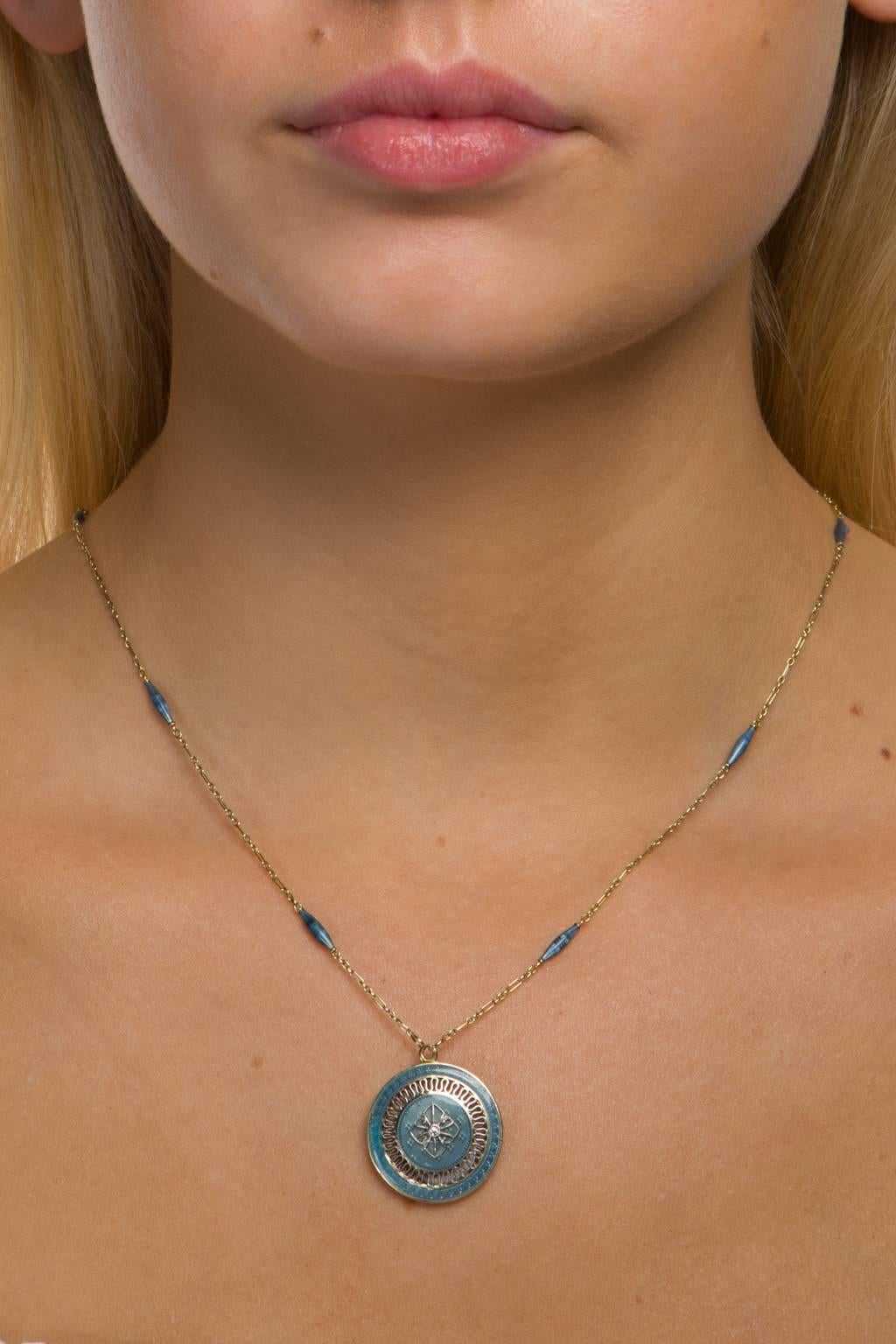 Women's 14 Karat Diamond Set Blue Enamel Locket Pendant with Chain