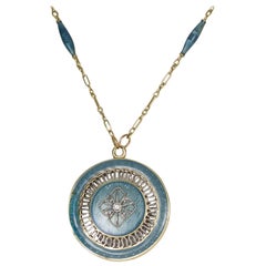 Vintage 14 Karat Diamond Set Blue Enamel Locket Pendant with Chain