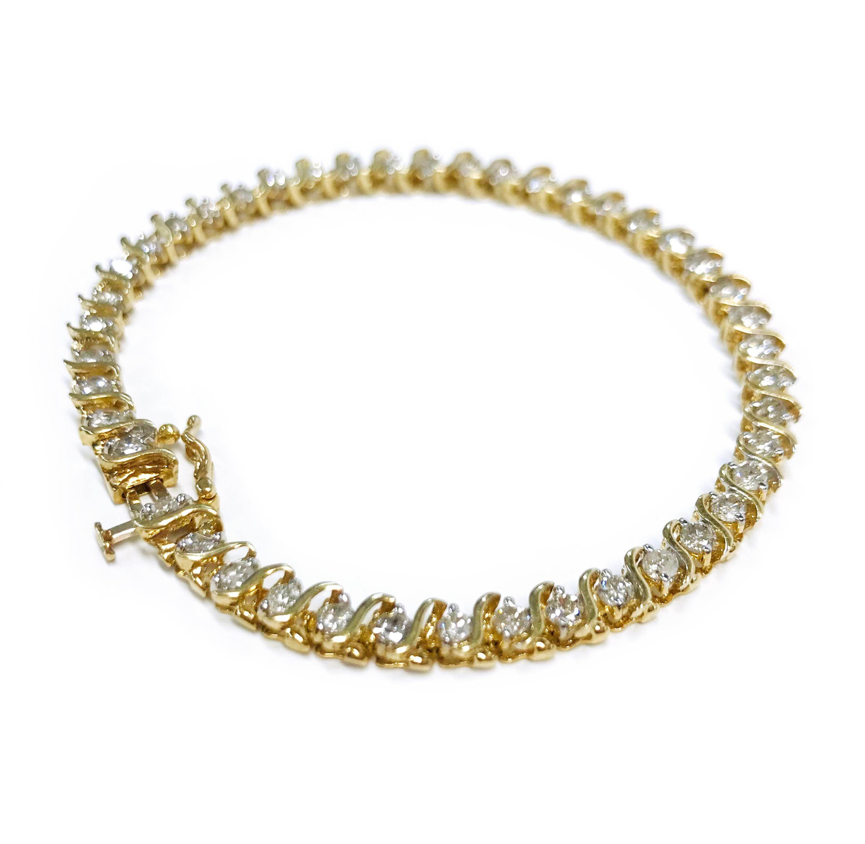 Retro 14 Karat Yellow Gold Diamond Tennis Bracelet For Sale