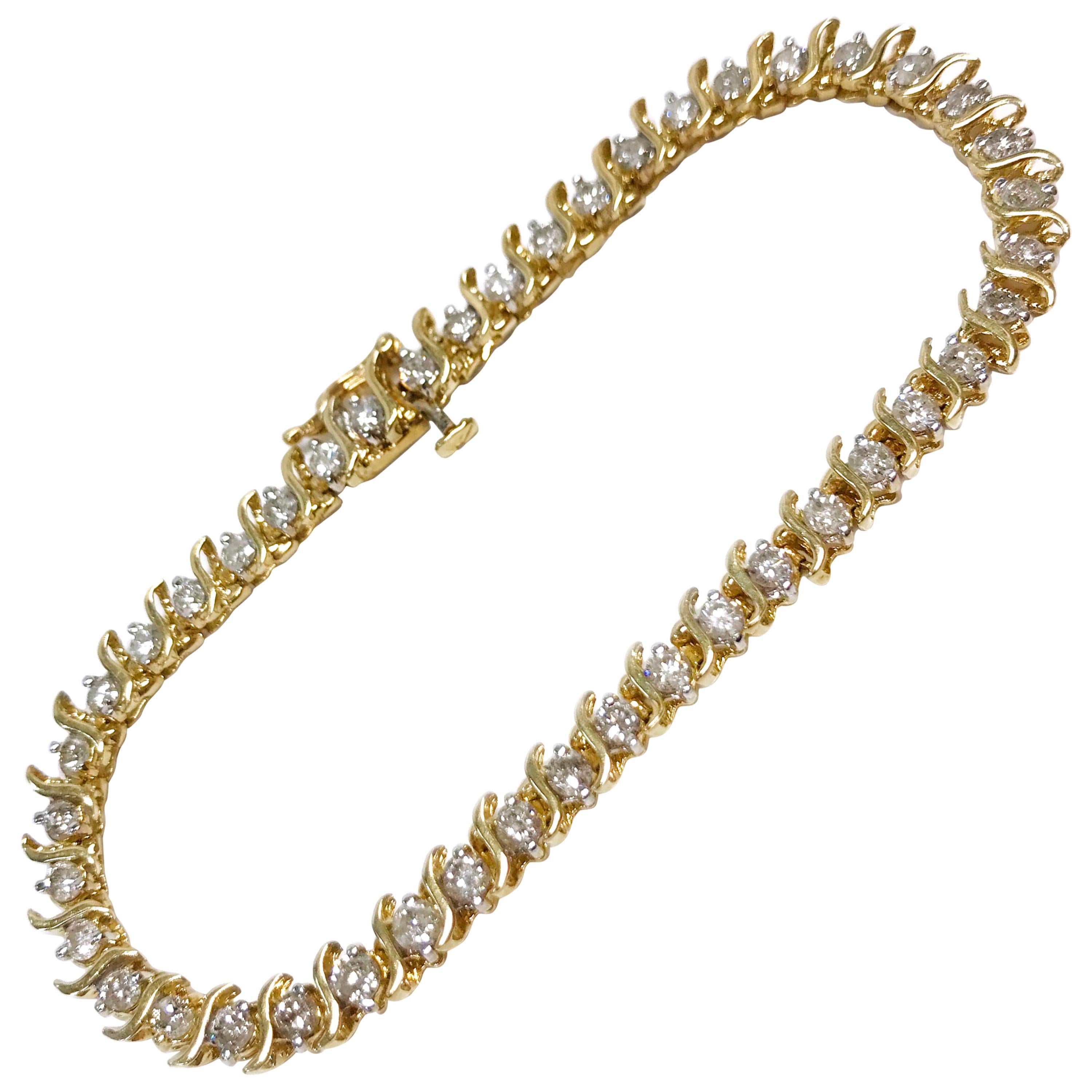 14 Karat Yellow Gold Diamond Tennis Bracelet For Sale