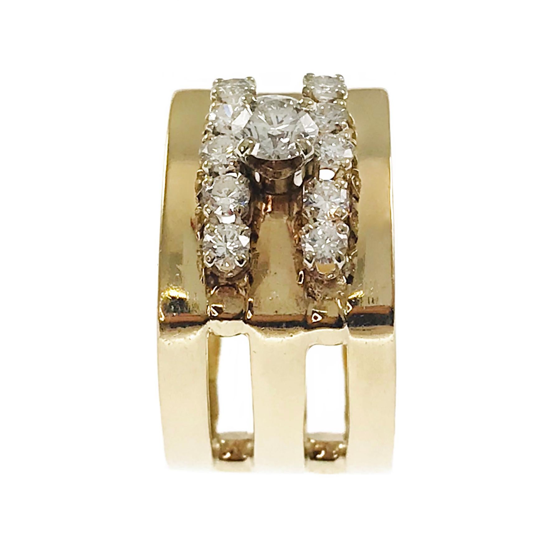 Round Cut 14 Karat Diamond Triple-Band Ring For Sale