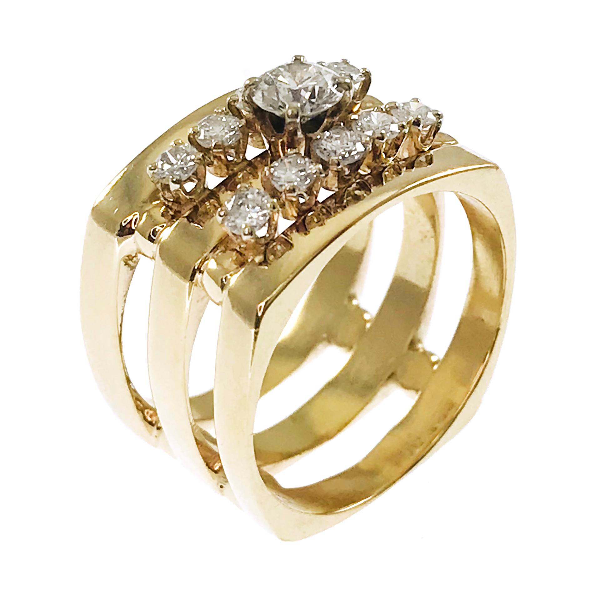 Retro 14 Karat Diamond Triple-Band Ring For Sale