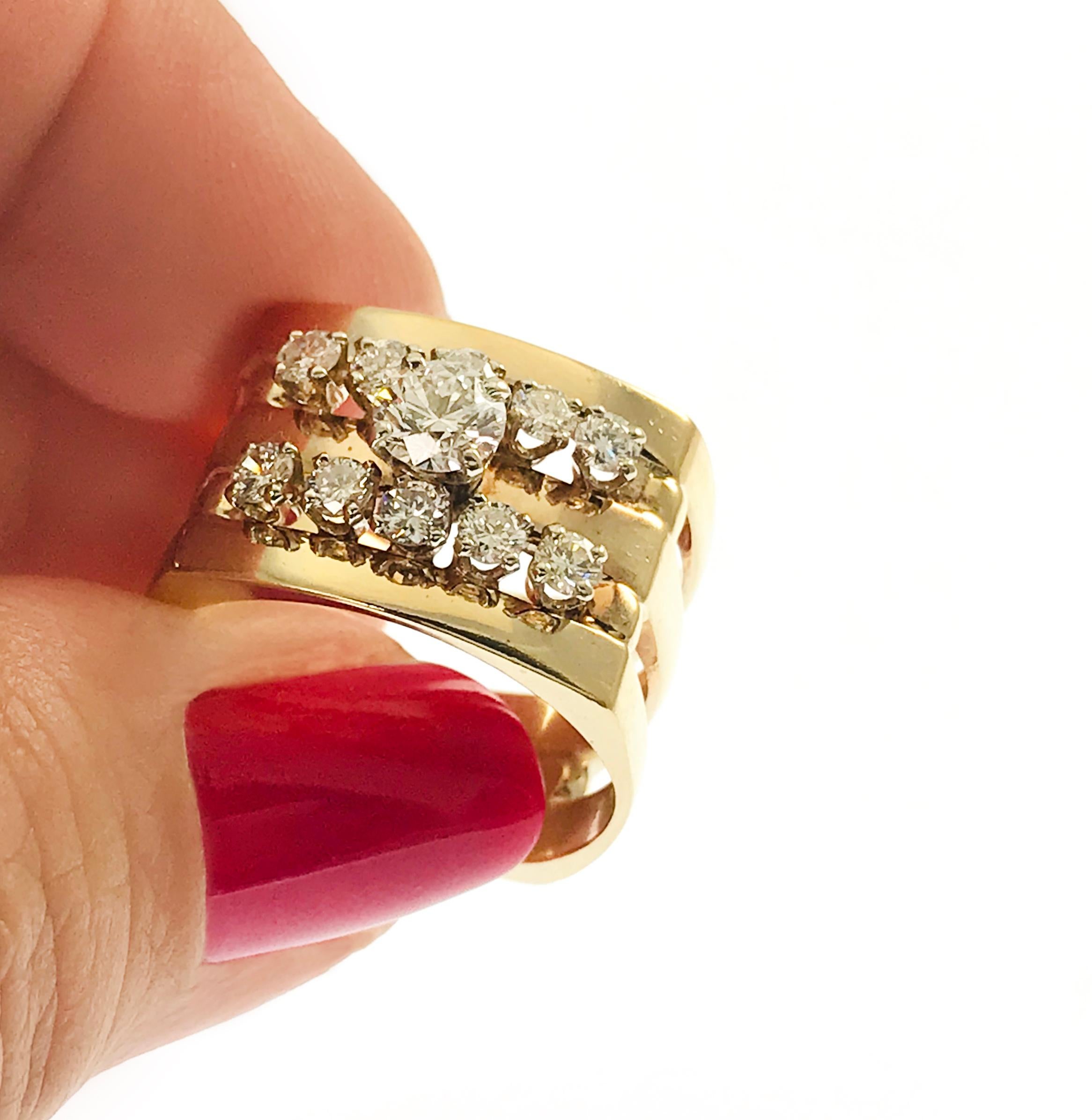 Women's or Men's 14 Karat Diamond Triple-Band Ring For Sale