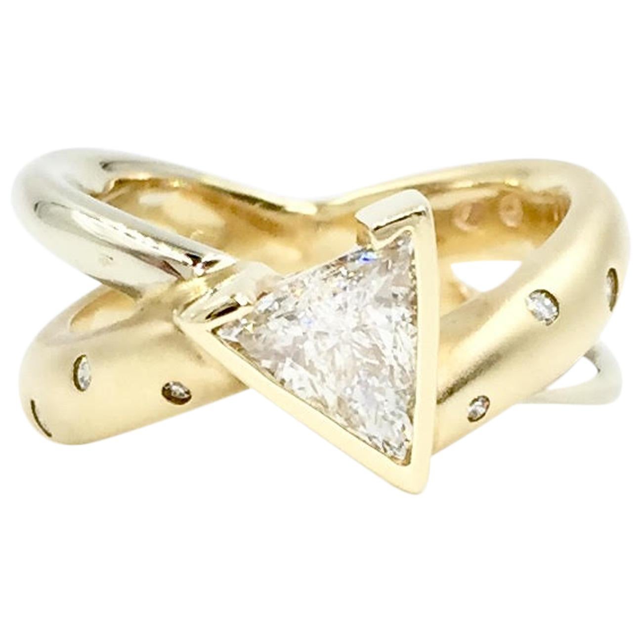 14 Karat Diamond X Ring with .50 Carat Trillion Center For Sale