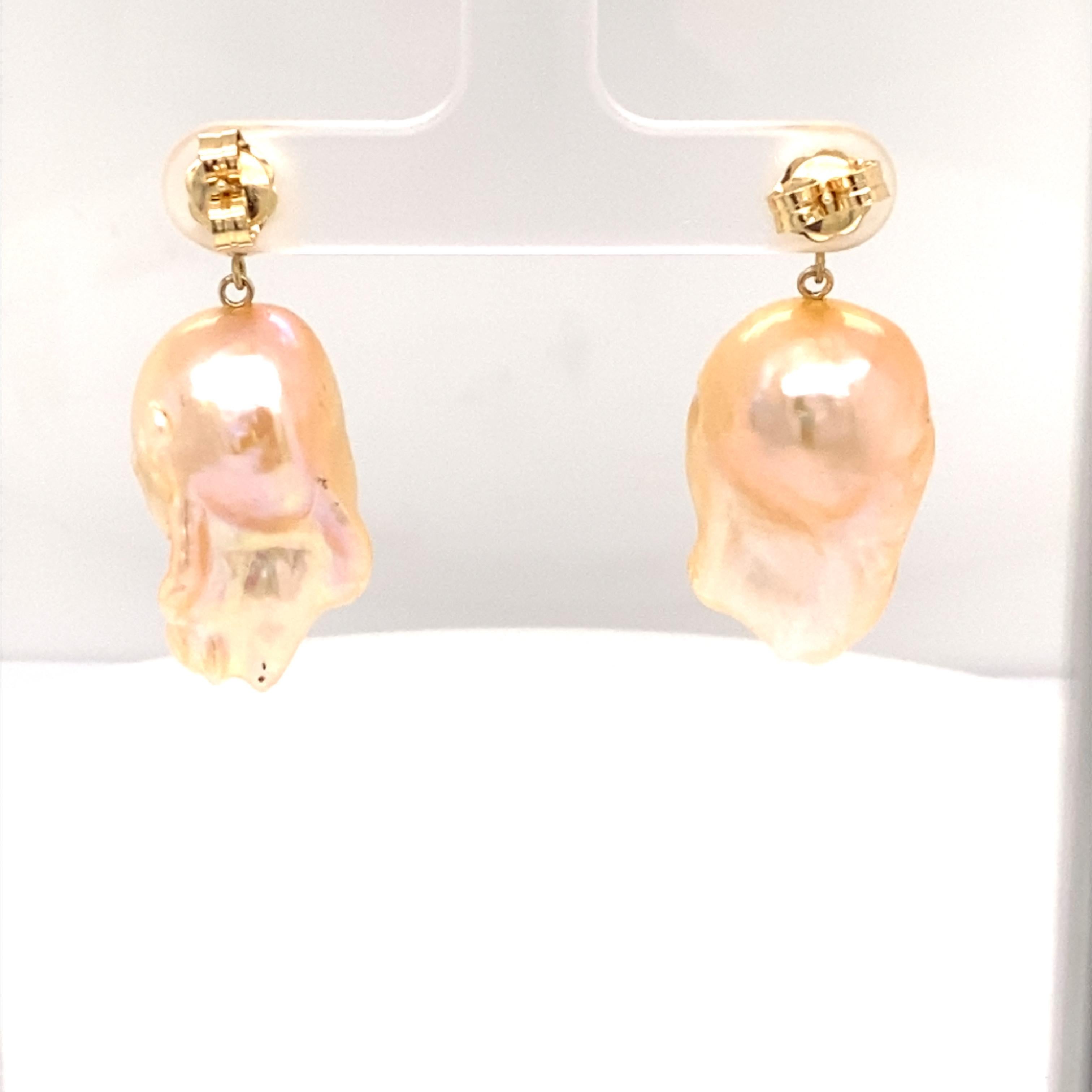 14 Karat Double Bubble Golden Baroque Pearl Earrings For Sale 6