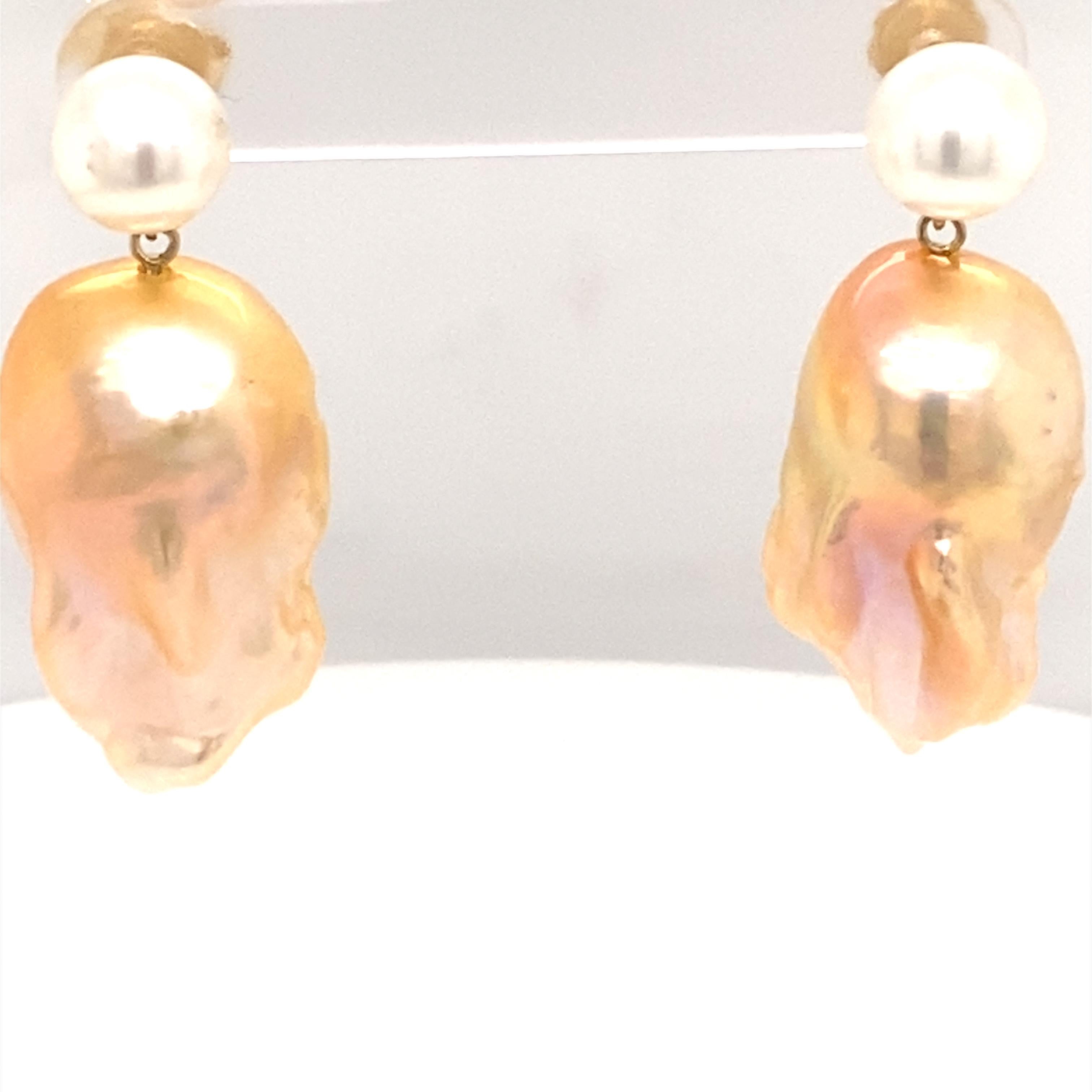 14 Karat Double Bubble Golden Baroque Pearl Earrings For Sale 1