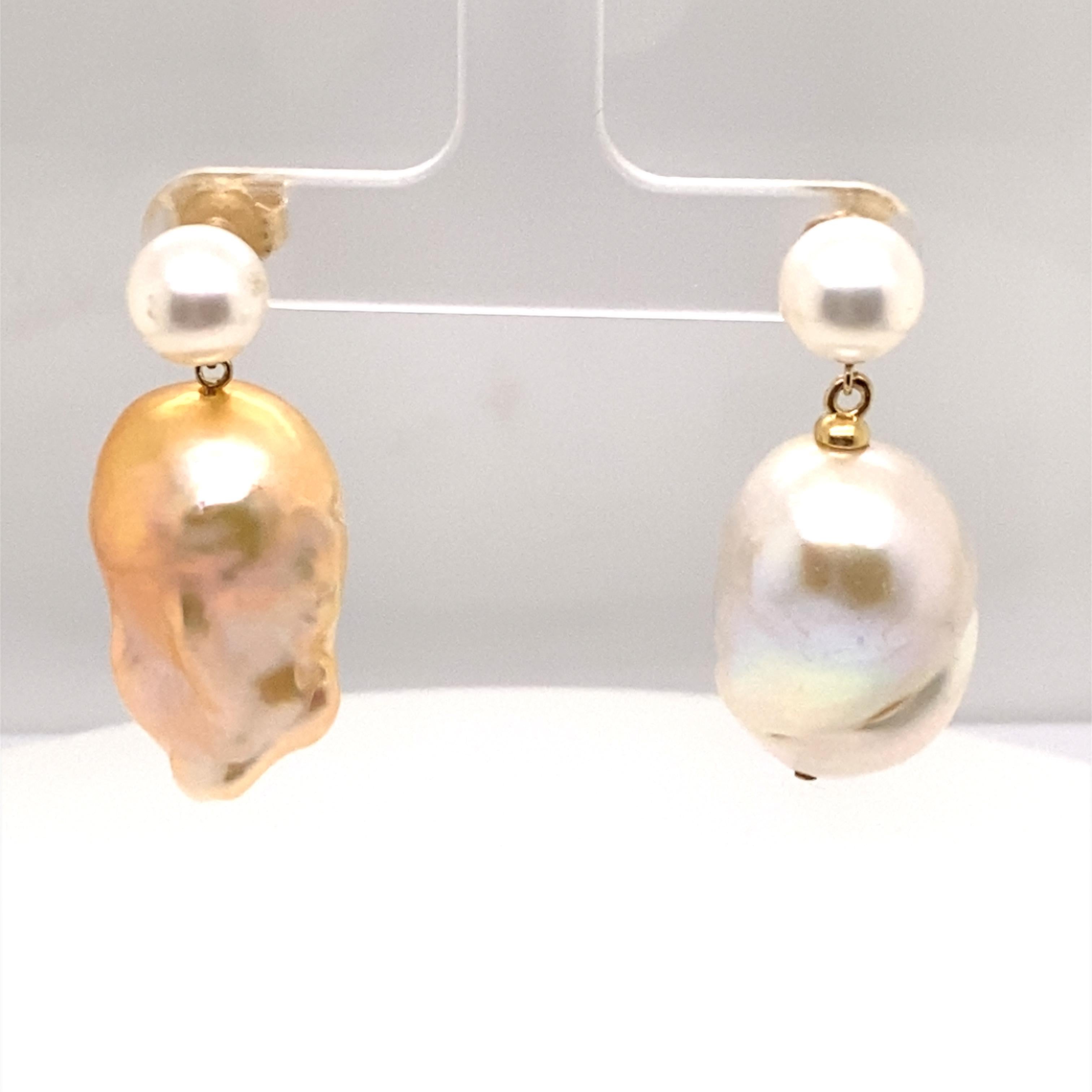 14 Karat Double Bubble Golden Baroque Pearl Earrings For Sale 2